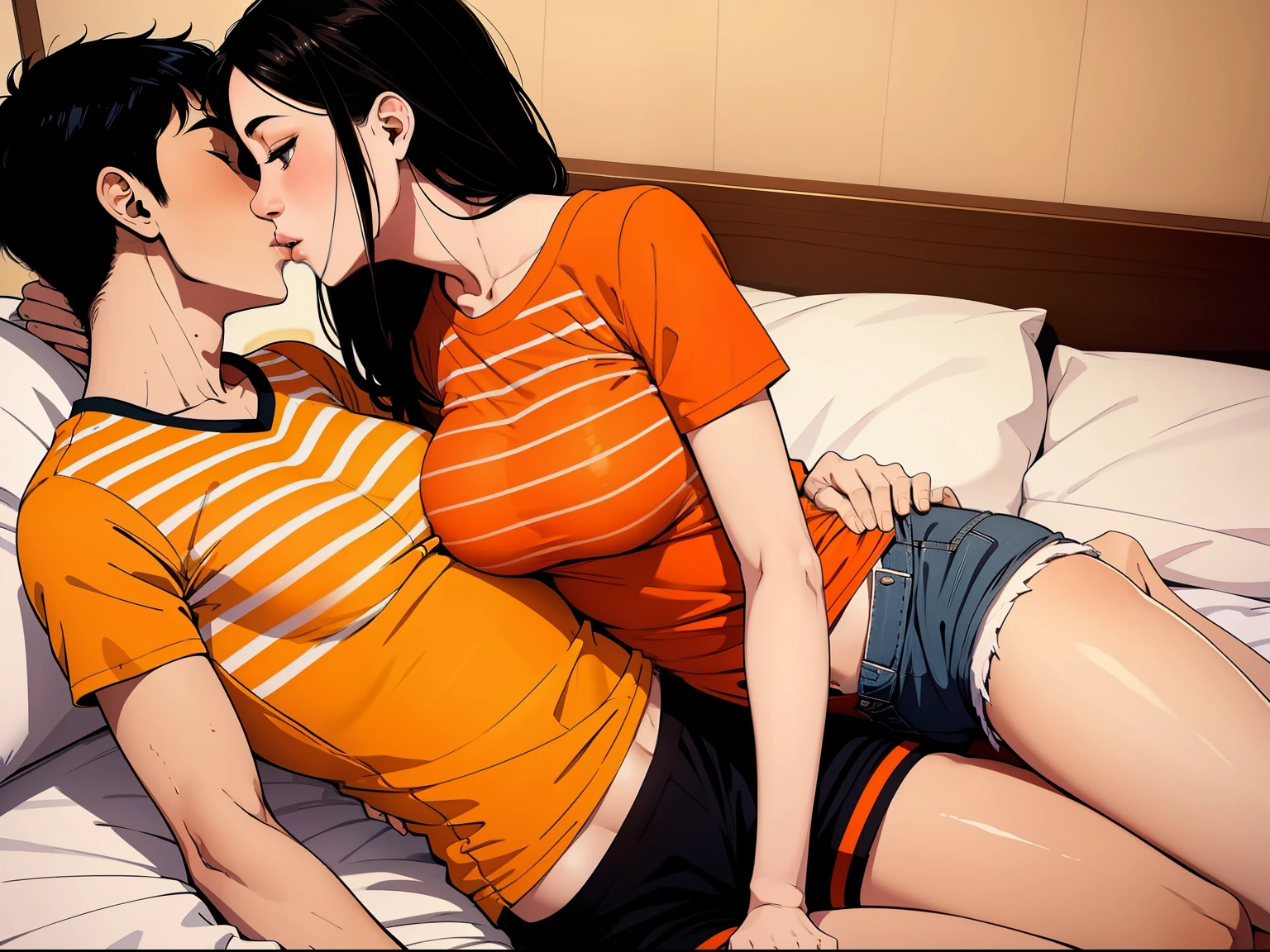 Young girl wearing white and orange striped t shirt and orange shorts and young boy wearing a navy blue t shirt and black shorts sitting on a bed together, kissing, making out, passionately, sexy, hot, lustful