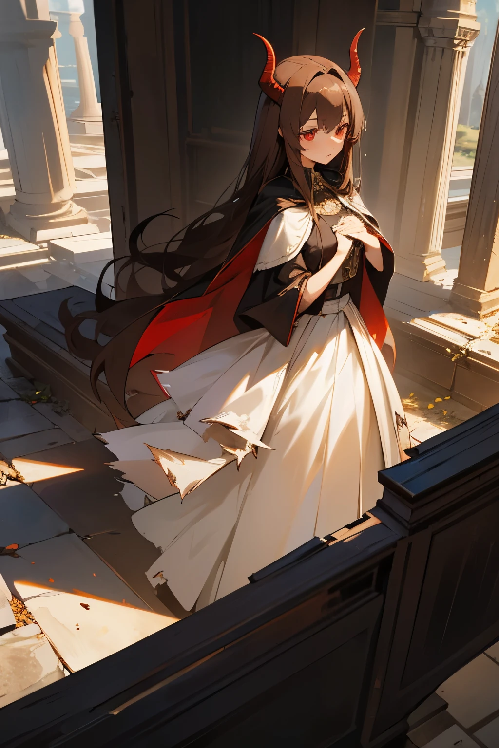 1 girl, 19 years old, tall, long brown hair, red eyes, black straight horns, white dress, black cape, old torn clothes, ancient ruins, chest, girl digging in chest