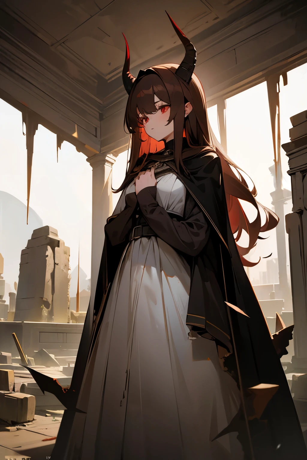 1 girl, 19 years old, tall, long brown hair, red eyes, black straight horns, white dress, black cape, old torn clothes, ancient ruins, chest, girl digging in chest