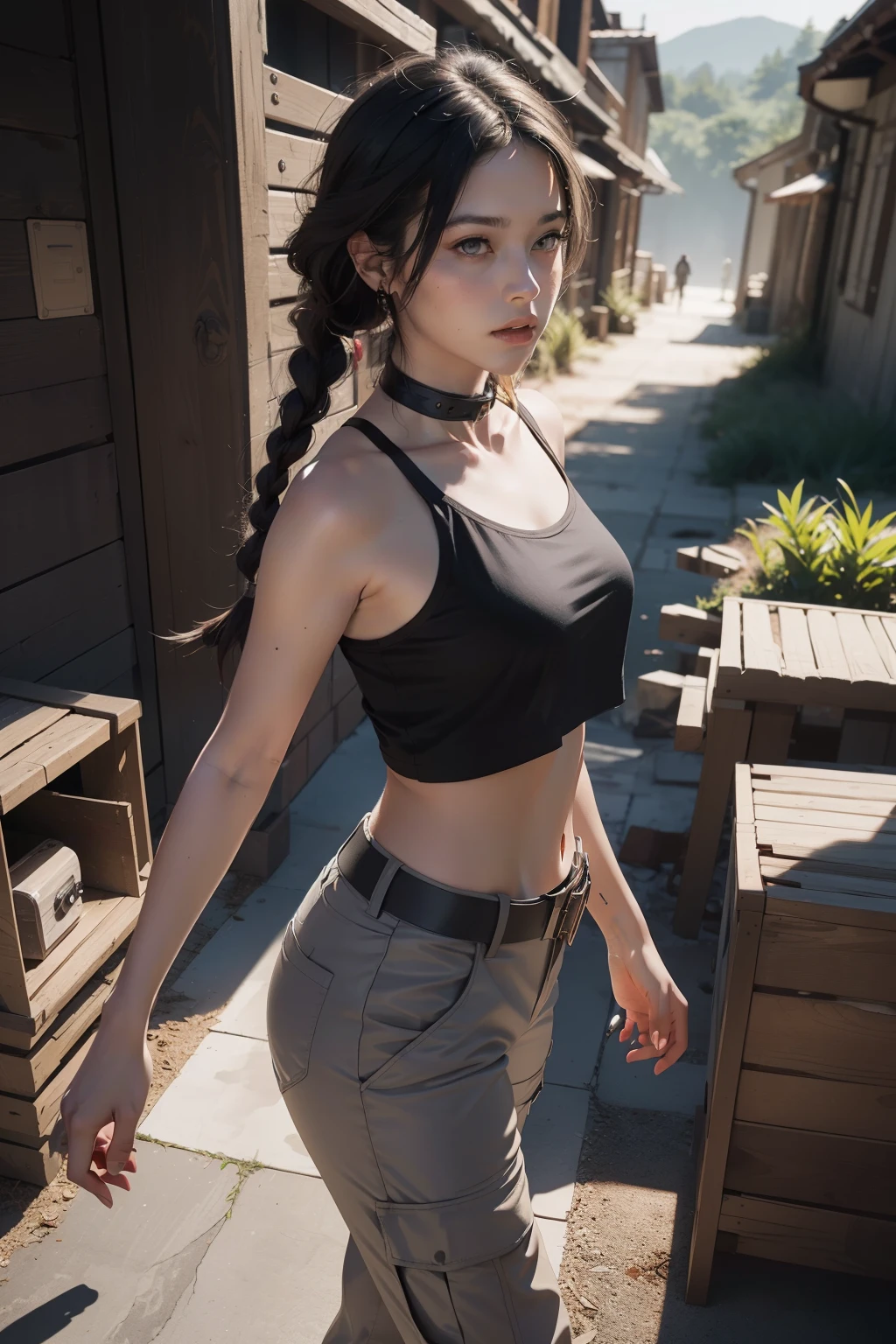 concept art, overhead angle of a Will-o'-the-wisp, official art, unity 8k wallpaper, ultra detailed, aesthetic, masterpiece, best quality, photorealistic, black hair in two braids, grey eyes, vault, black crop top, white cargo pants, collar in the neck,