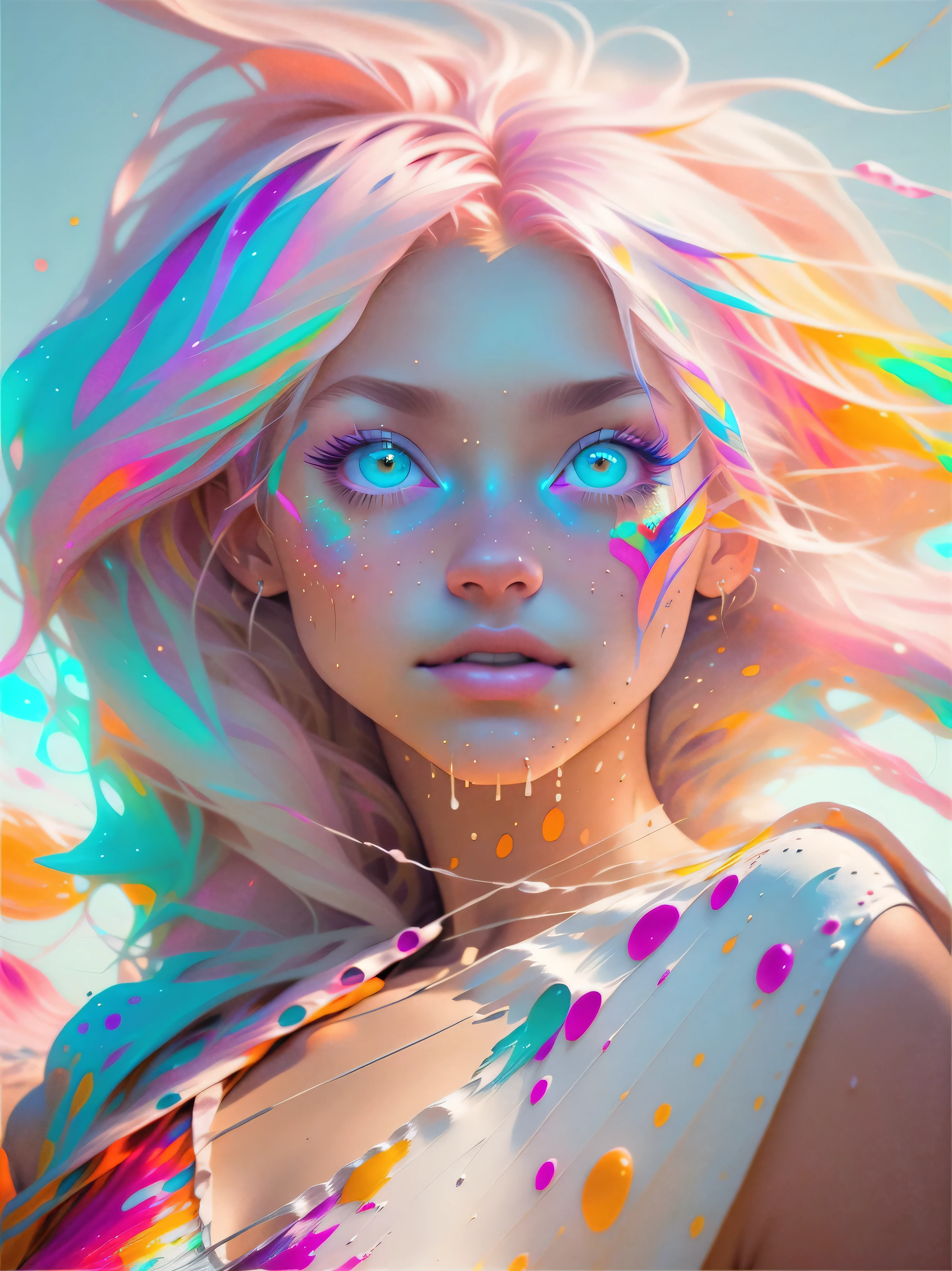 (((masterpiece))),(((best quality))),((ultra-detailed)),(illustration),(dynamic angle), ((floating)),(paint),((disheveled hair)), (solo),(1girl), ((small_breasts)), (((detailed anima face))),((beautiful detailed face)),collar,bare shoulders, white hair, ((colorful hair)),((streaked hair)), beautiful detailed eyes,(Gradient color eyes),(((colorful eyes))), (((colorful background))),(((high saturation))),(((surrounded by colorful splashes))),(((surrounded by colorful dot))),colorful bubble,((shining))