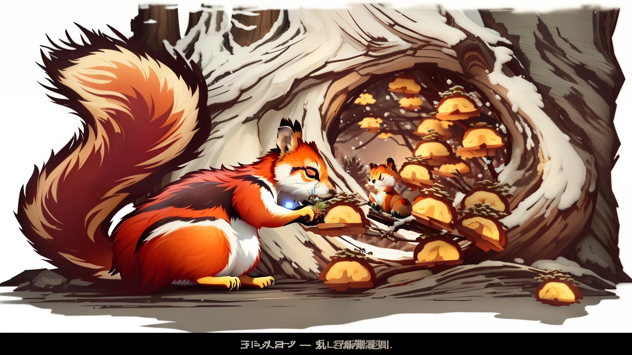 a squirrel saving acrons for winter. Holding a pine cone in his hand, a cute forest creature, a Red panda, Wilderness landscapes, author:Yu Zheding, Stylized 3D, Cute fox, feng shu, Hidden animals, Cute detailed digital art, Dreamworks style, Stylized art,