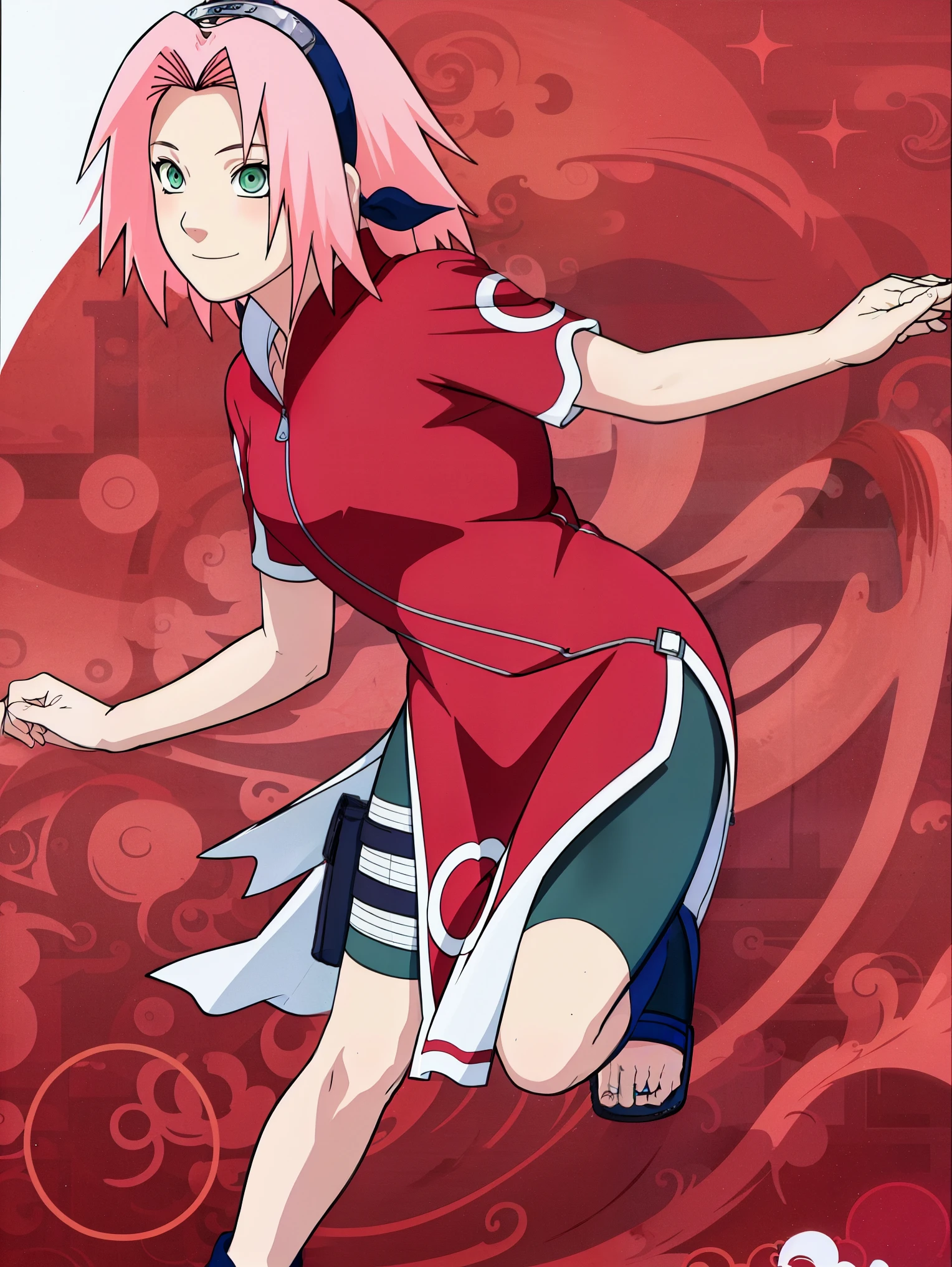 masterpiece, best quality, 1girl,haruno sakura, pink hair, long hair, green eyes, black short , short sleeves, full body, looking at viewer, sketch, smile, solo,Sakura wears a red qipao dress — at various times either with or without short sleeves — with slits along the sides accompanied by a zipper and white circular designs. She also wears tight dark green bike shorts with a shuriken holster around her right thigh, blue sandals, and the standard Konoha forehead protector worn as a hairband. Colour illustration