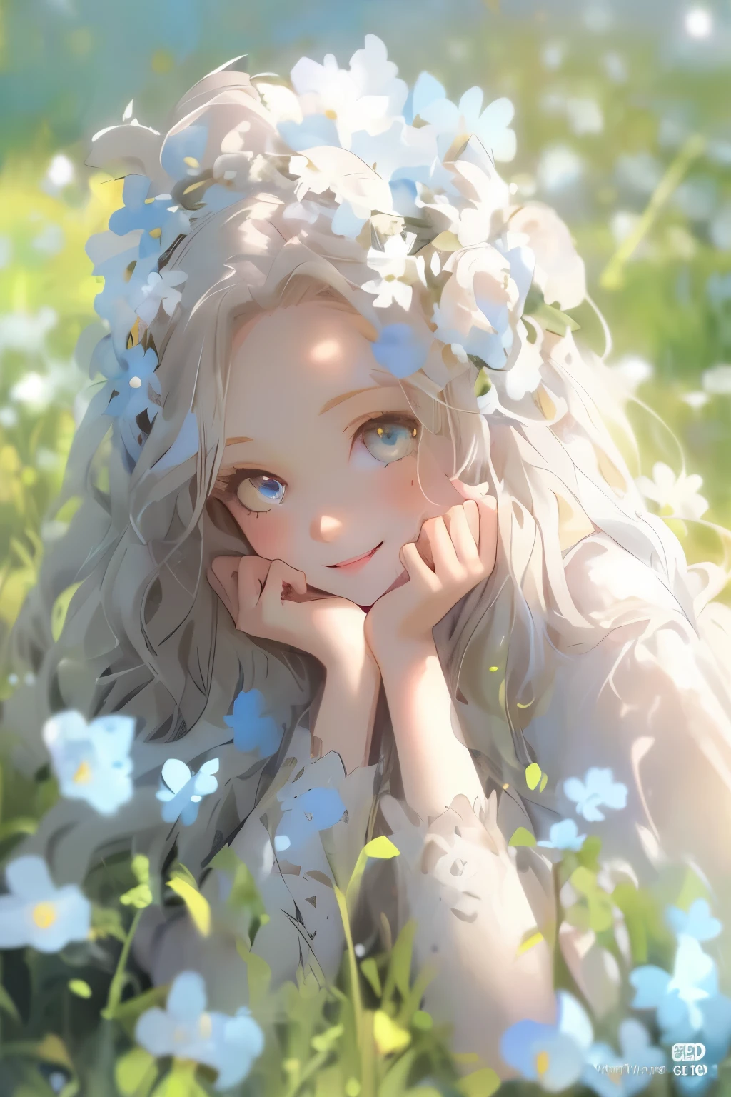 Girl with white wavy hair, smiling, Girl lying in the grass, Cute girl, amber eyes, yellow eyes1, High Quality Art, anime girl, on the hair a wreath of yellow and white flowers