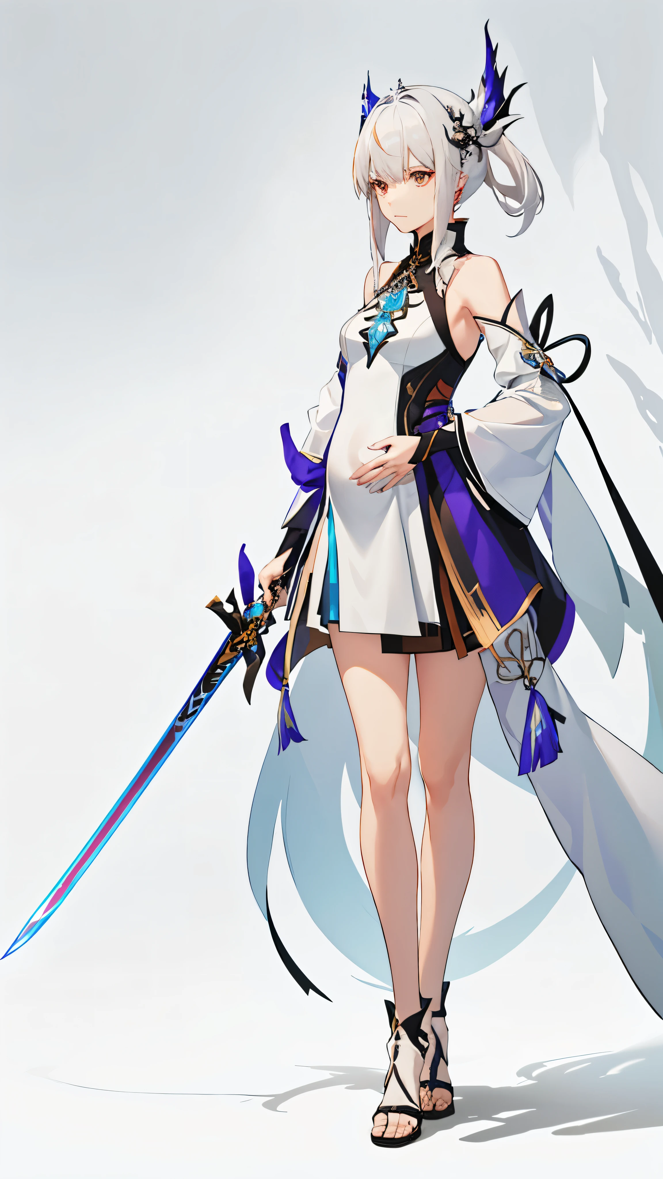 a woman in a dress holding a dagger and a dagger, video game character, from arknights, fox nobushi holding a dagger, hajime yatate, keqing from genshin impact, white haired deity, with small sword, ayaka genshin impact, female action anime girl, official character art, anime character, pregnant anime girl, fetus