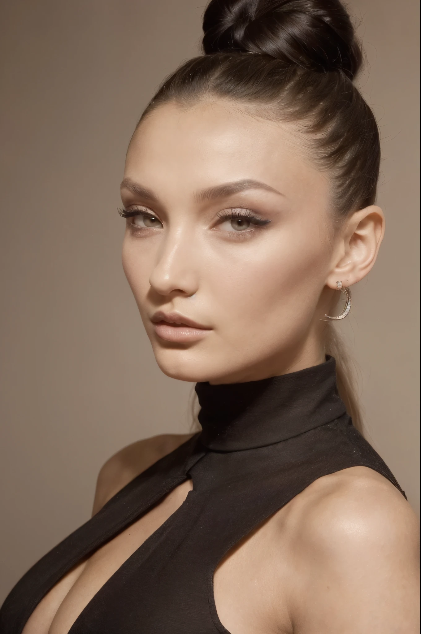 (a woman with a black dress and a black top knot, a digital rendering inspired by Slava Raškaj, tumblr, pop art, bella hadid, with high cheekbones, face like ester exposito, with dark hair tied up in a bun, high cheekbones, with symmetrical facial features, huge earrings, prominent cheekbones, bella poarch, defined cheekbones) LOOKING DIRECTLY AT CAMERA