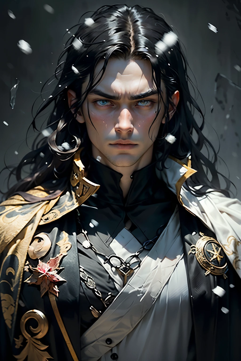 Young tall thin man with a handsome face with perfect delicate features, long black hair, yellow eyes, beautiful black eyebrows, vampire, thoughtful expression, wearing a snow-white shirt and a black cape, Dagger in hand