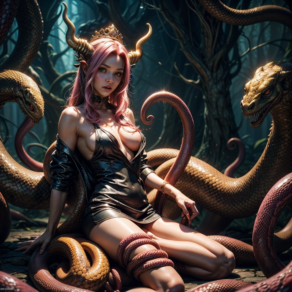 a woman with pink hair sitting on a chest with a snake, some tentacles are touching her, big tentacle sneak around, succubus in tight short dress, liana wrap two fantasy creatures, tentacles around, queen of snakes, tentacle beast, tentacle monster, in style of wold of warcraft, nsfw, subtle nudity
