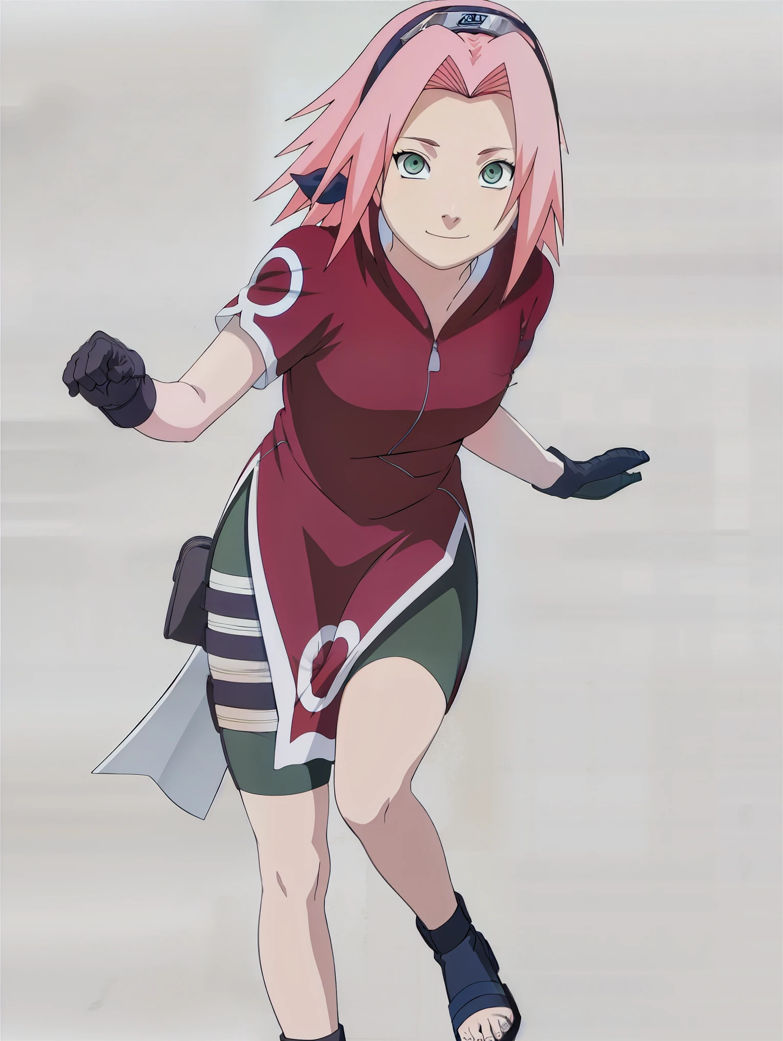 masterpiece, best quality, 1girl,haruno sakura, pink hair, long hair, green eyes, black short , short sleeves, full body, looking at viewer, sketch, smile, solo,Sakura wears a red qipao dress — at various times either with or without short sleeves — with slits along the sides accompanied by a zipper and white circular designs. She also wears tight dark green bike shorts with a shuriken holster around her right thigh, blue sandals, and the standard Konoha forehead protector worn as a hairband. Colour illustration