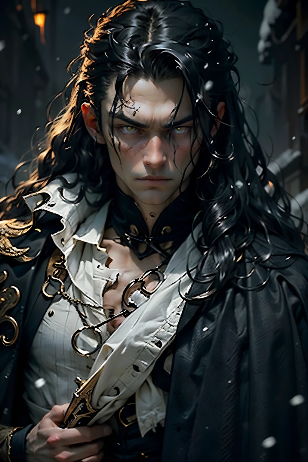 Young tall thin man with a handsome face with perfect delicate features, long black hair, yellow eyes, beautiful black eyebrows, vampire, thoughtful expression, wearing a snow-white shirt and a black cape, Dagger in hand