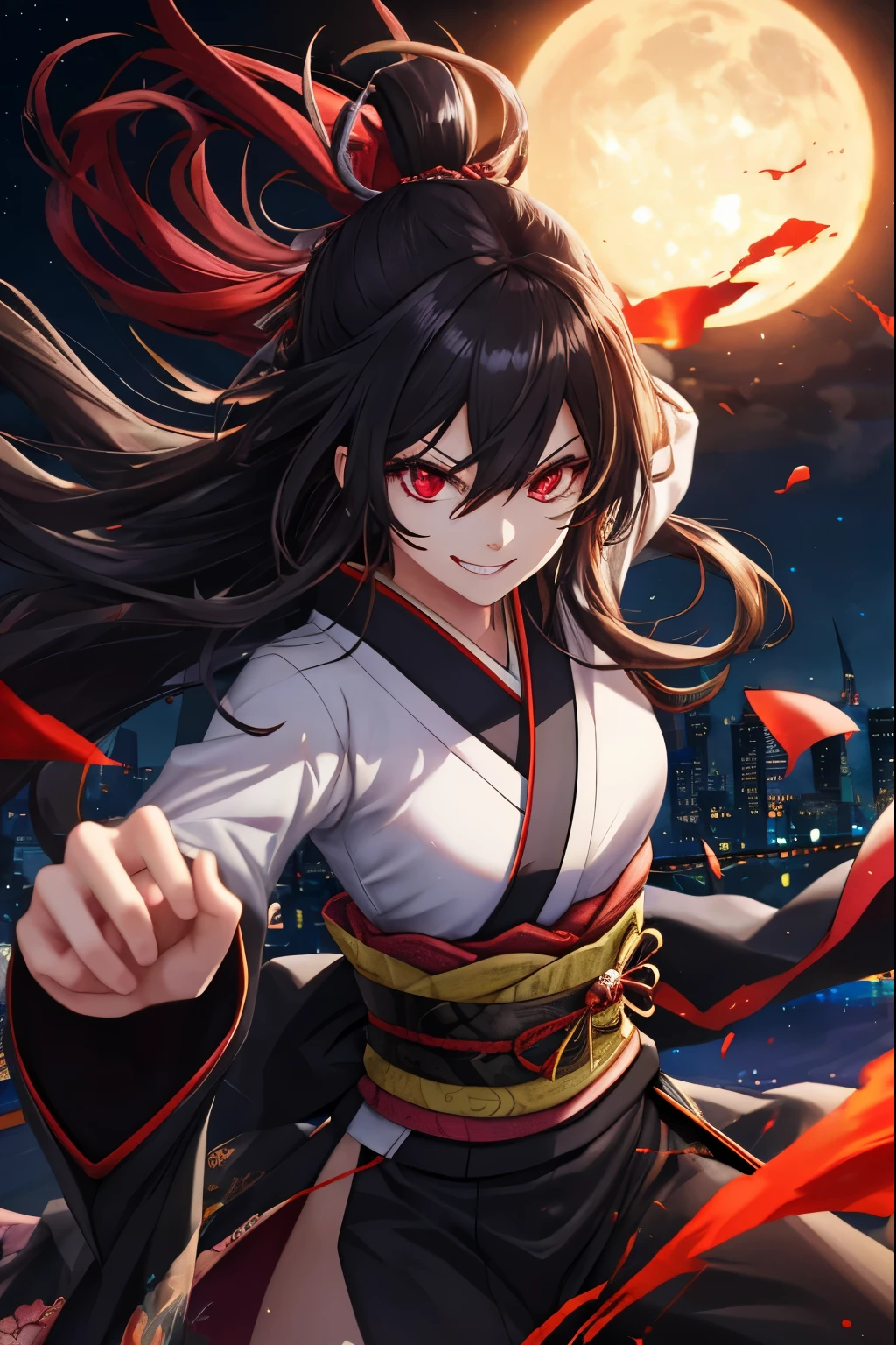 Girl, black messy long hair, left hairstyle, evil smile, mucle body, black kimono clothes, red details, hd, night city destroyed, dark aura in punch, fight pose