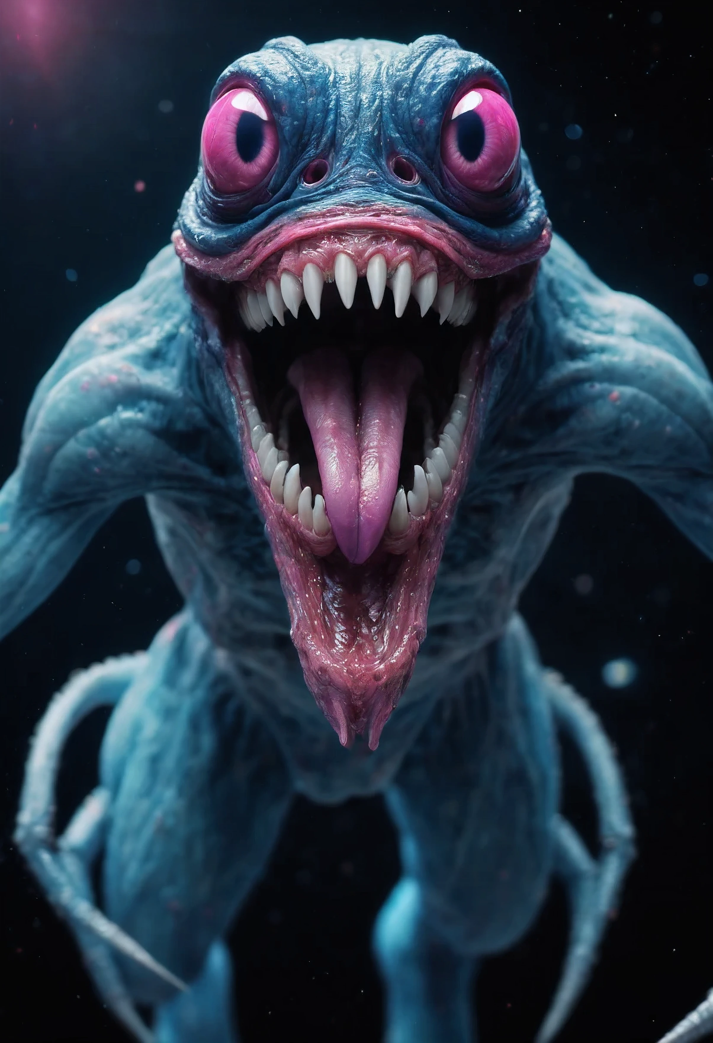 an unimaginably creepy creature in (space), consisting of cerulean-blue-flesh and terrible (pink-eyes), Huge mouth, (full-body-shot) subsurface scattering, film grain, high-budget, Tentacles, wide-angle, Large DOF, volumetric lighting, highly detailed, realism, 3D, 4K, high quality highres high saturation, surreal, stars, space-background, (beak), fangs, claws