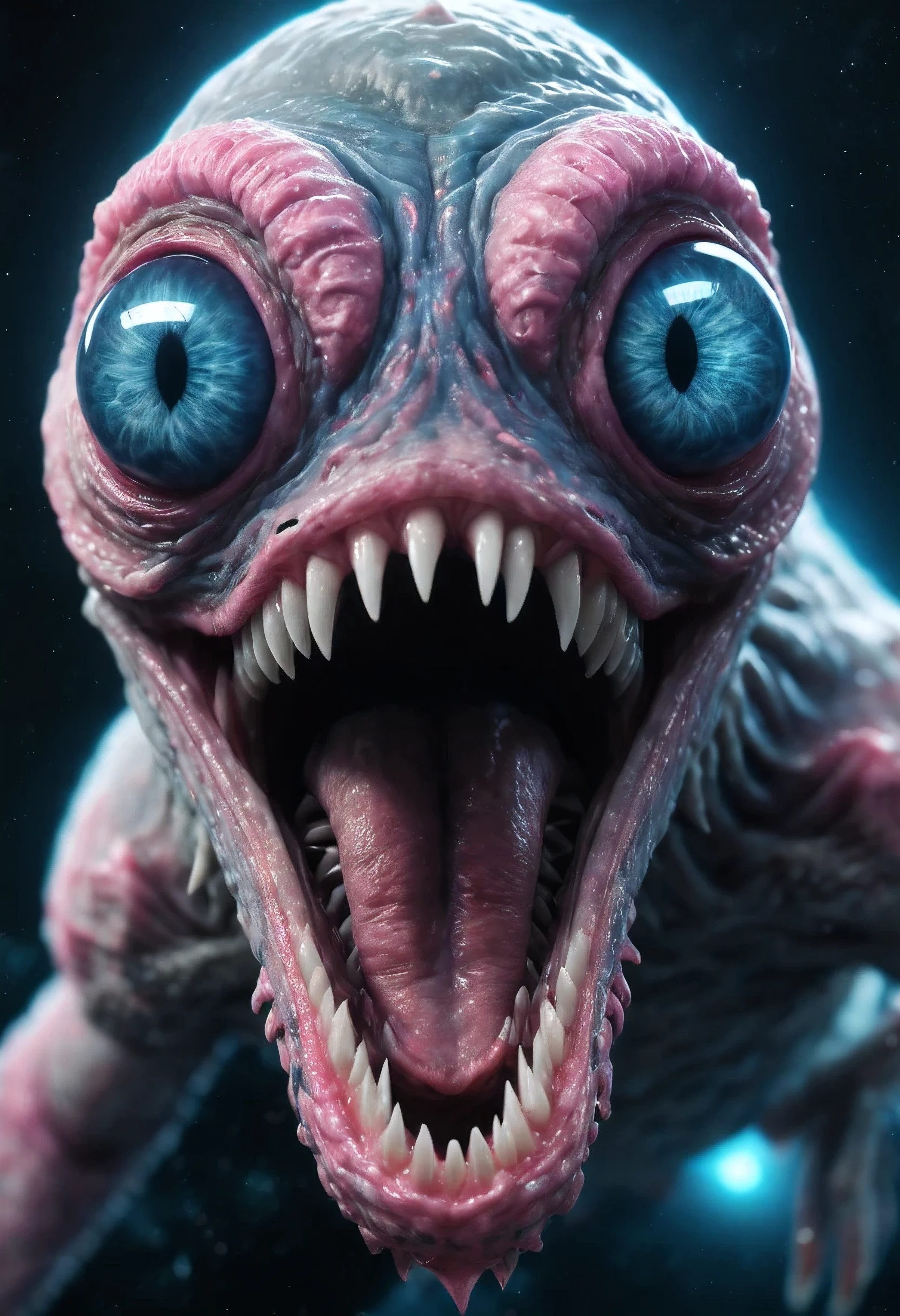 an unimaginably creepy creature in (space), consisting of cerulean-blue-flesh and terrible (pink-eyes), Huge mouth, (full-body-shot) subsurface scattering, film grain, high-budget, Tentacles, wide-angle, Large DOF, volumetric lighting, highly detailed, realism, 3D, 4K, high quality highres high saturation, surreal, stars, space-background, (beak), fangs, claws