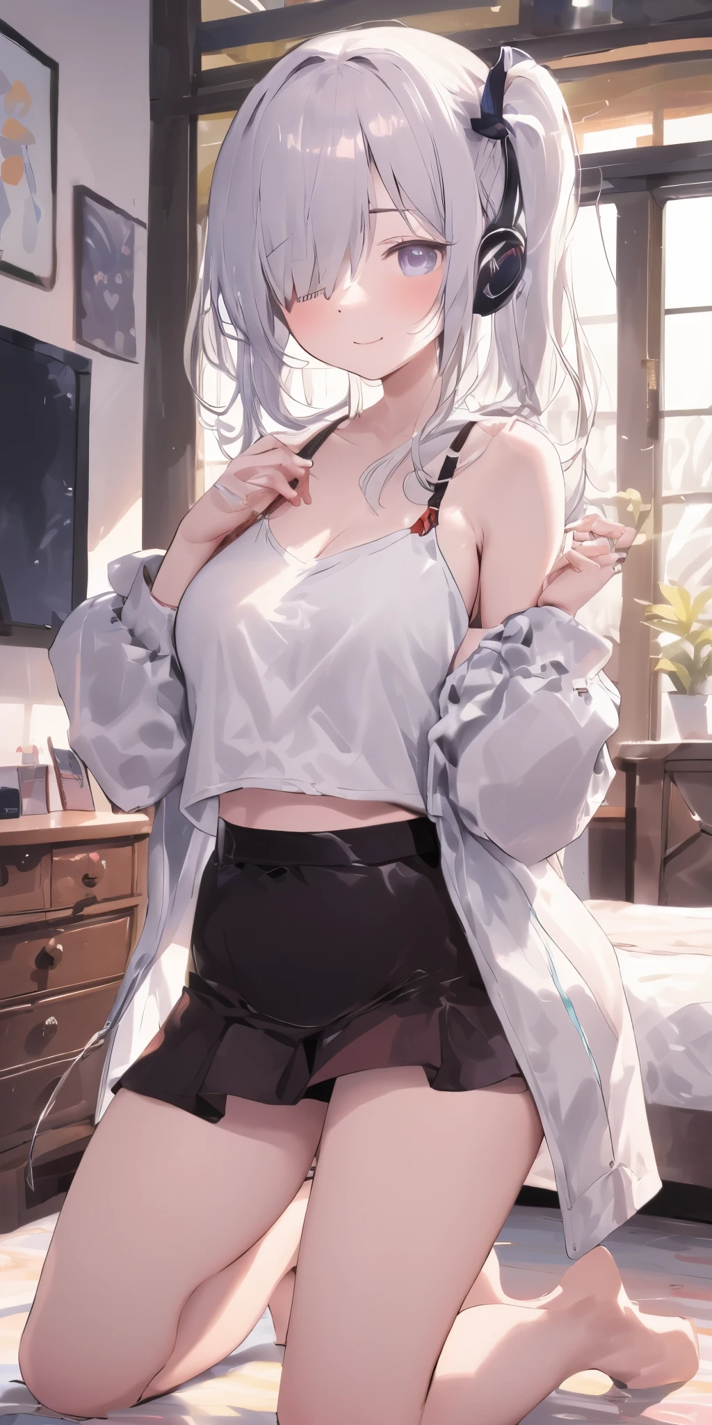 1 girl, hair covering one eye, open lips, blush, cosmetic, faint smile, white hair, t-shirt, skirt, earphone, glow, thigh, purple eyes, bare shoulders, clavicle, Willow Yao, bedroom, Sunlight, flower, (masterpiece), underwear, potted plant, television, wallpaper, Sunlight,Seductive pose,Cock your ass,cleavage,,bikini,Exposed clothing,Transparent coat,short skirt,leg wide open,Kneel down,
