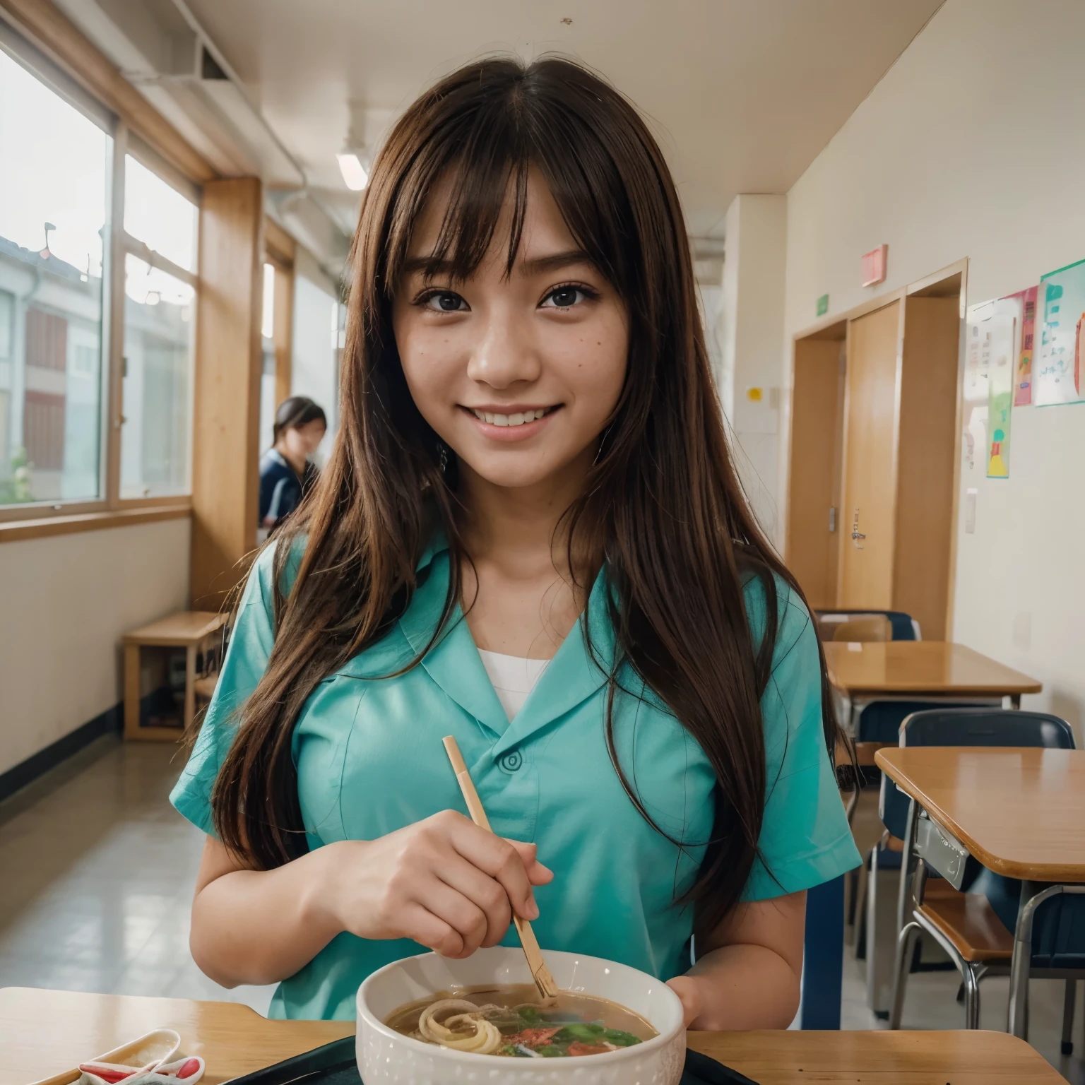(high quality, 4K, realistic:1.37), , big , ramen, Japanese school uniform, beautiful eyes, long hair, charming smile, cute freckles, vibrant colors, anime style, soft lighting, chaotic classroom, school hallway, school bag, friends, laughter, tasty ramen bowl, chopsticks, steam rising, appetite-inducing, inviting aromas, slurping sounds, happy and energetic atmosphere