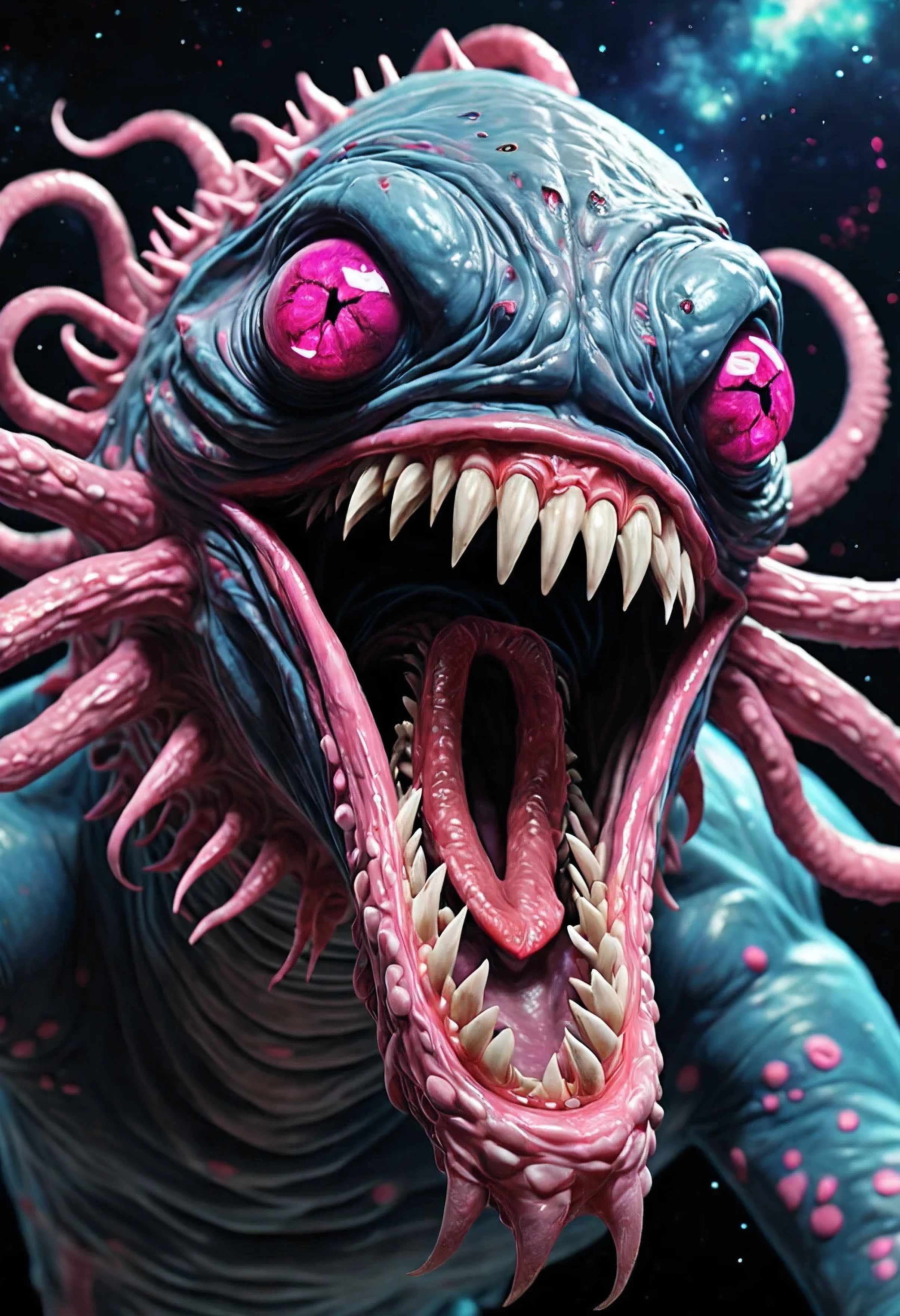 an unimaginably creepy creature in (space), consisting of cerulean-blue-flesh and terrible (pink-eyes), Huge mouth, (full-body-shot) subsurface scattering, film grain, high-budget, Tentacles, wide-angle, Large DOF, volumetric lighting, highly detailed, realism, 3D, 4K, high quality highres high saturation, surreal, stars, space-background, (beak), fangs, claws