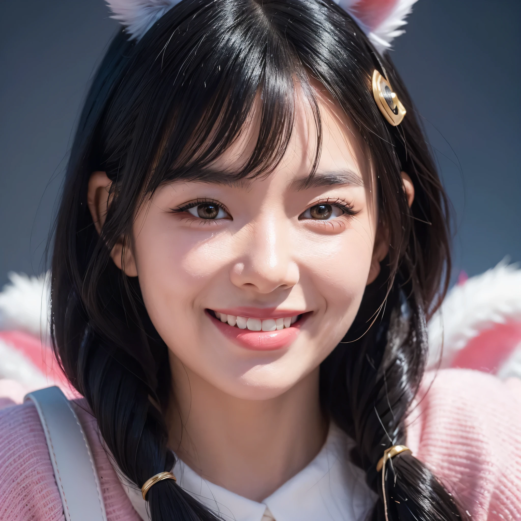 black hair, hair bobbles, wince, longeyelashes, solid circle eyes, fake animal ears, light smile, ear blush, fang, Surrealism, drop shadow, anaglyph, stereogram, tachi-e, pov, atmospheric perspective, 8k, super detail, ccurate, best quality