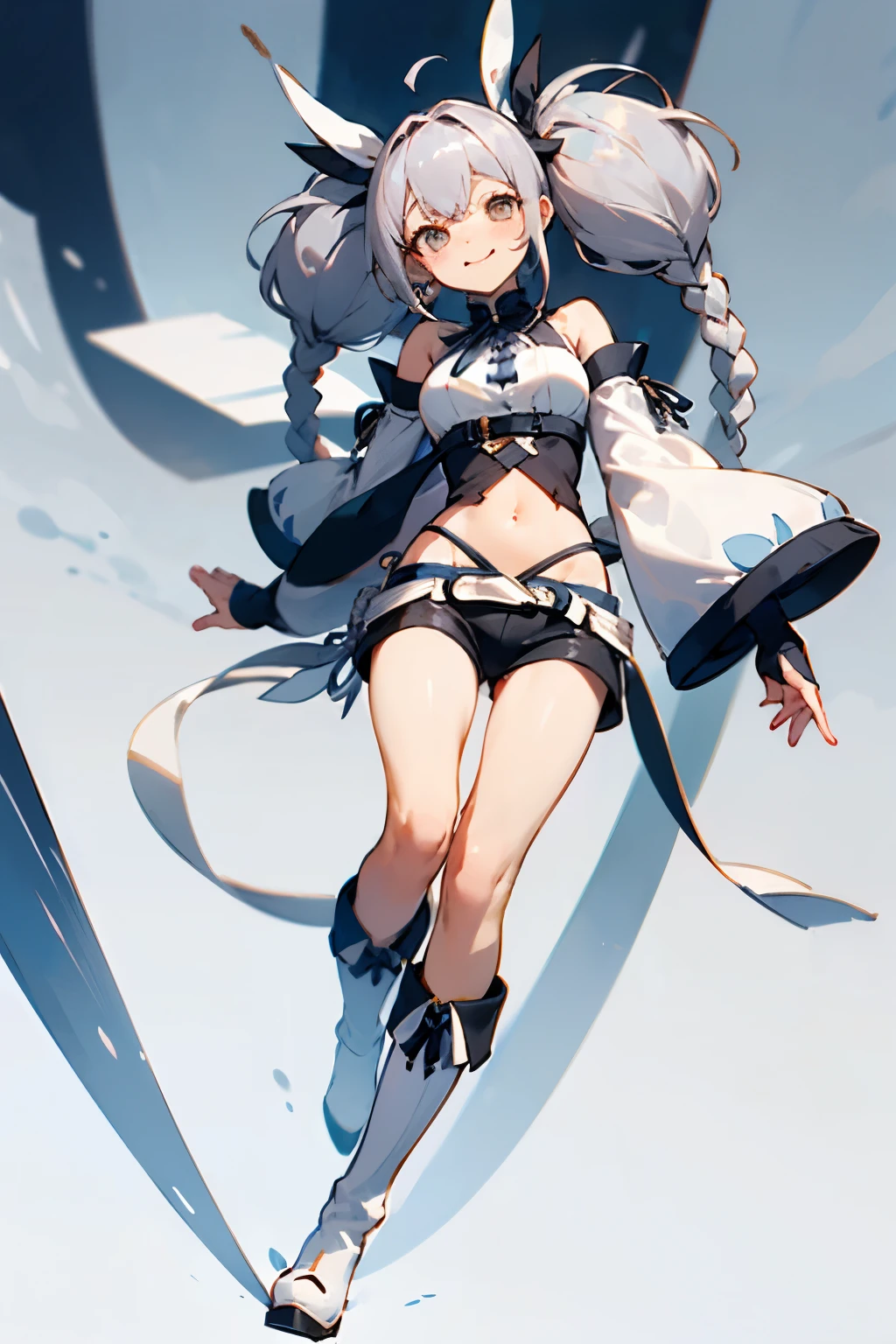 Costumes like magical girls,Navel exposed、Detached sleeves、Shorts,skantz,Large ribbon on the back waist,white boots,braids twintails,cute白リボンの髪飾り,Divided into 73,long hair that reaches waist,gray hair,Drooping eyes,Marume,White eyes,smile,cute,White-based clothing,whole body