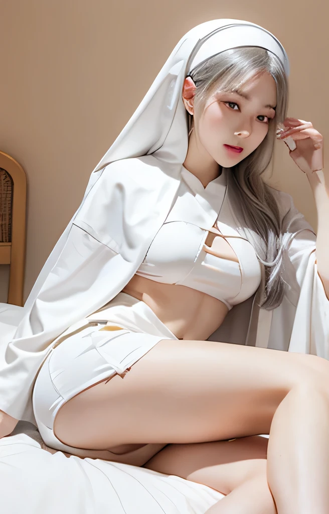 detailed, high quality, perfect face. fantasy style. korean nun girl with white color hair. long hair. clear smoky pupil, Peach blush on, her name is Kyu. Wear white nun cloak and mini skirt with gold color combination. smooth breast. smooth tight, smooth foot, soft light 1,8. warm color. lay down at white bedroom, sexy pose. smooth thighs. detailed hand.