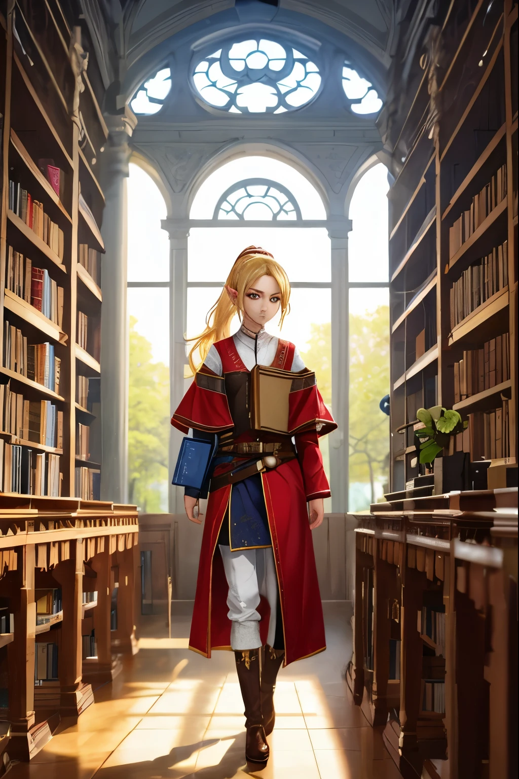 Elven, blonde hair, ponytail, finge hair, long clothes, in library