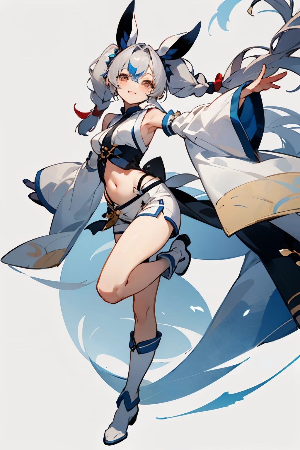 White costume like a magical girl,Navel exposed、Detached white sleeves、White shorts,white skantz,Large white ribbon on the back waist,white boots,braids twintails,cute白リボンの髪飾り,Divided into 73,long hair that reaches waist,gray hair,Drooping eyes,Marume,White eyes,smile,cute,White base,whole body