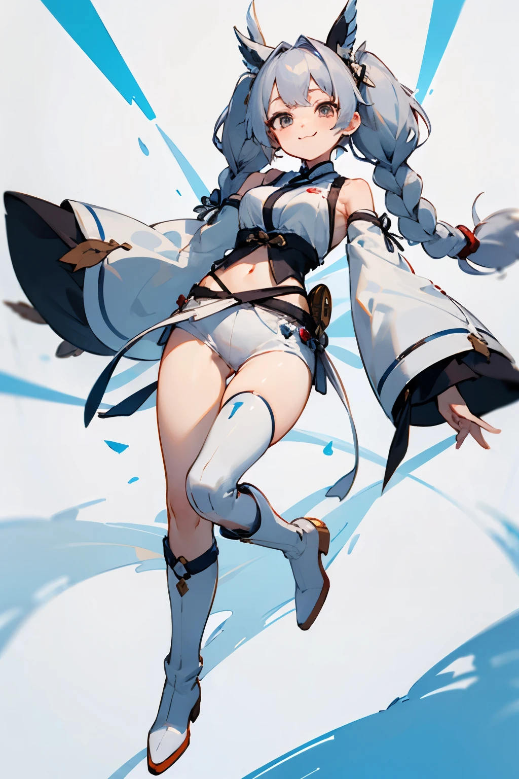 White costume like a magical girl,Navel exposed、Detached white sleeves、White shorts,white skantz,Large white ribbon on the back waist,white boots,braids twintails,cute白リボンの髪飾り,Divided into 73,long hair that reaches waist,gray hair,Drooping eyes,Marume,White eyes,smile,cute,White base,whole body