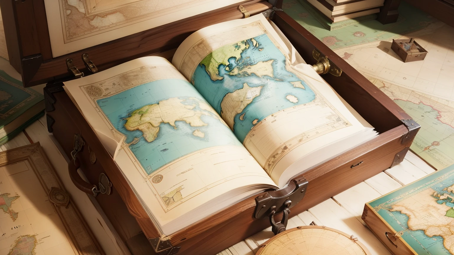 Inside an old chest contains a map, with children's book illustration style, And on this map there are coordinates up to the Valley of Laughter, um mapa brilhante e chamativo