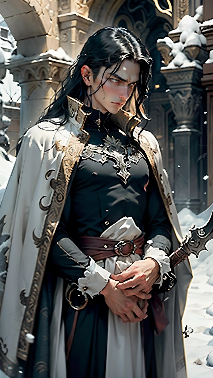 Young tall thin man with a handsome face with perfect delicate features, long black hair, yellow eyes, beautiful black eyebrows, vampire, thoughtful expression, wearing a snow-white shirt and a black cape, Dagger in hand