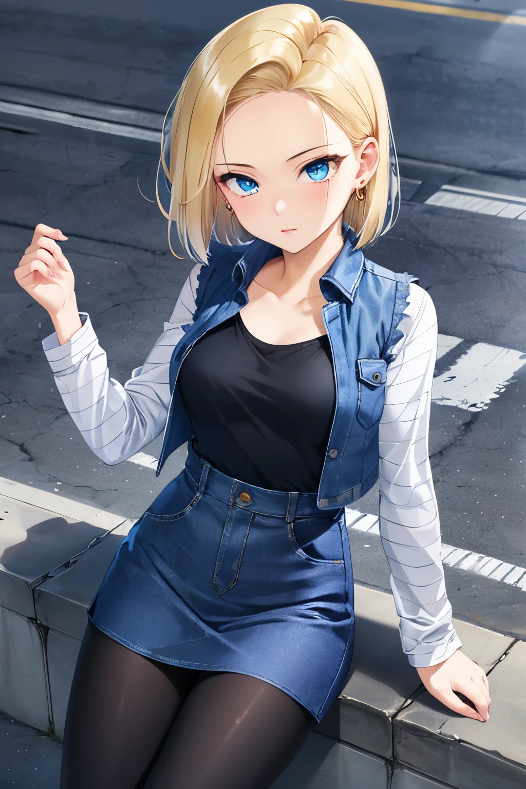 highest quality, High resolution, and 18, 1 girl, android 18, alone, blonde hair, blue eyes, short hair, earrings, jewelry, (denim dress:1.2), open vest, black pantyhose, black shirt, denim skirt, striped long sleeve, blue skirt, medium breasts, face up, street,  (external expansion chest:1.2)