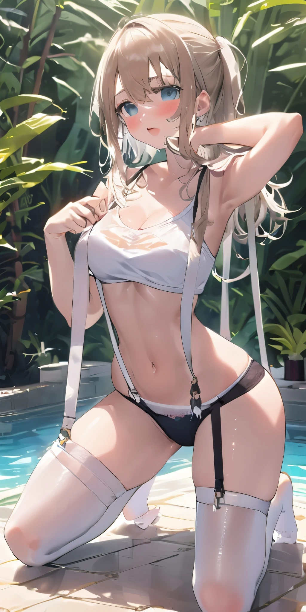 white色透明T恤, white, blush,,cleavage,sling背心,sling,sling,sexy pose,Cock your ass,kneeling,bikini,underwear,,A thousand flavors,Wet,Pretend,Show off your figure