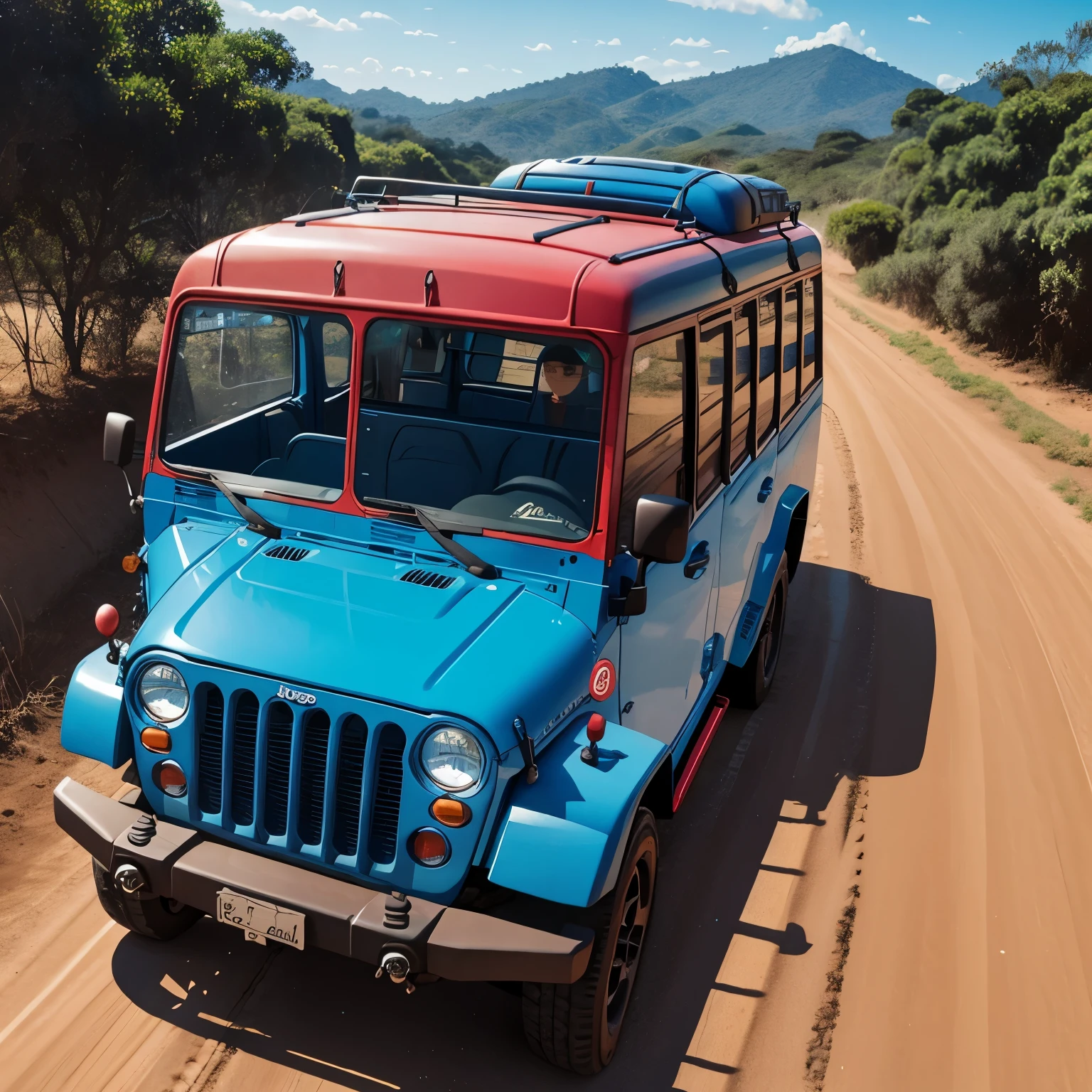 blue bus, jeep vermelho numa corrida em Cartoon.