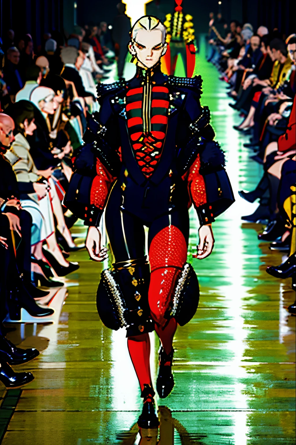 centipede theme, street wear, male, man, boy, avant garde fashion, wearable art, couture, oversized clothing, skintight clothing, fullbody