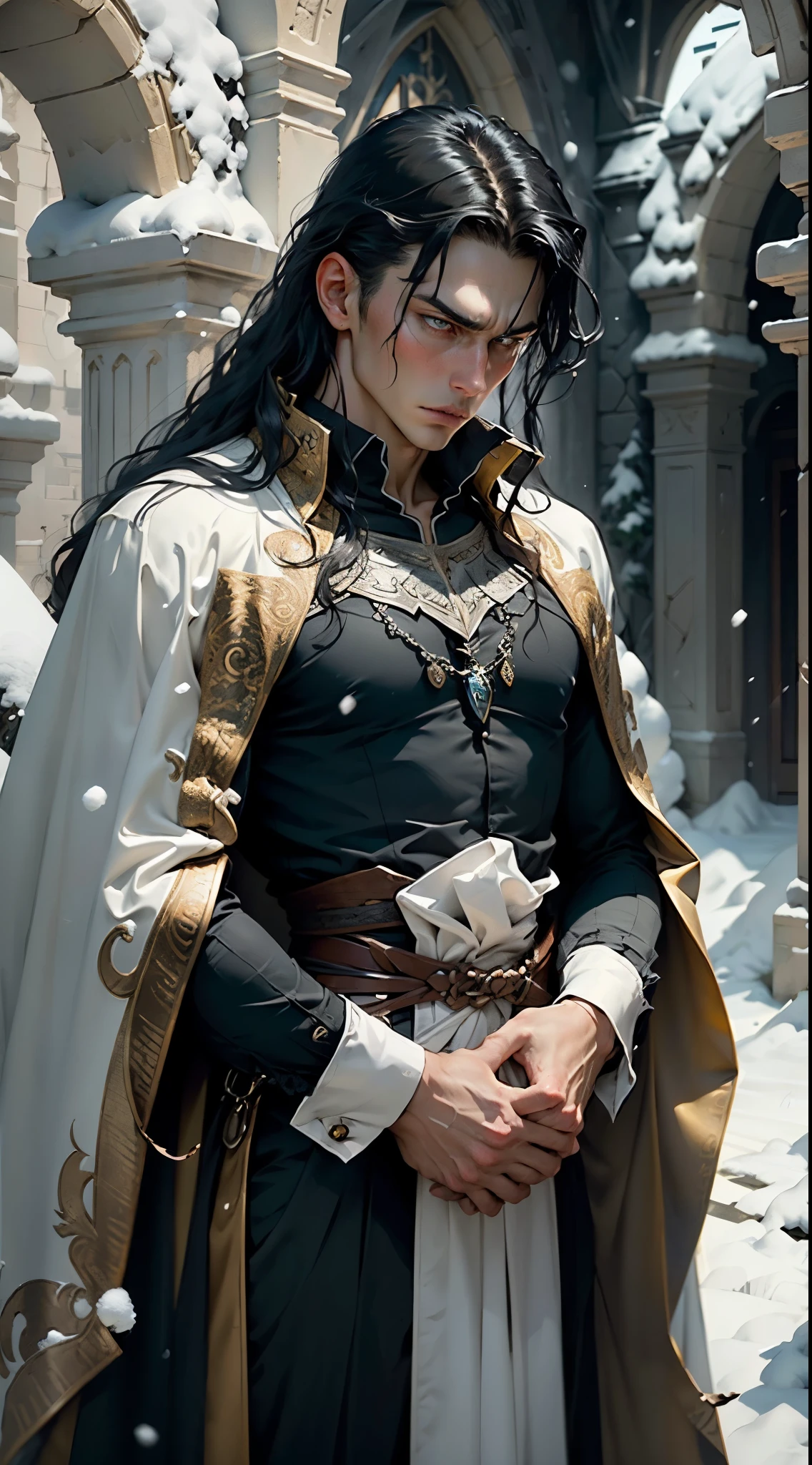 Young tall thin man with a handsome face with perfect delicate features, long black hair, yellow eyes, beautiful black eyebrows, vampire, thoughtful expression, wearing a snow-white shirt and a black cape, Dagger in hand