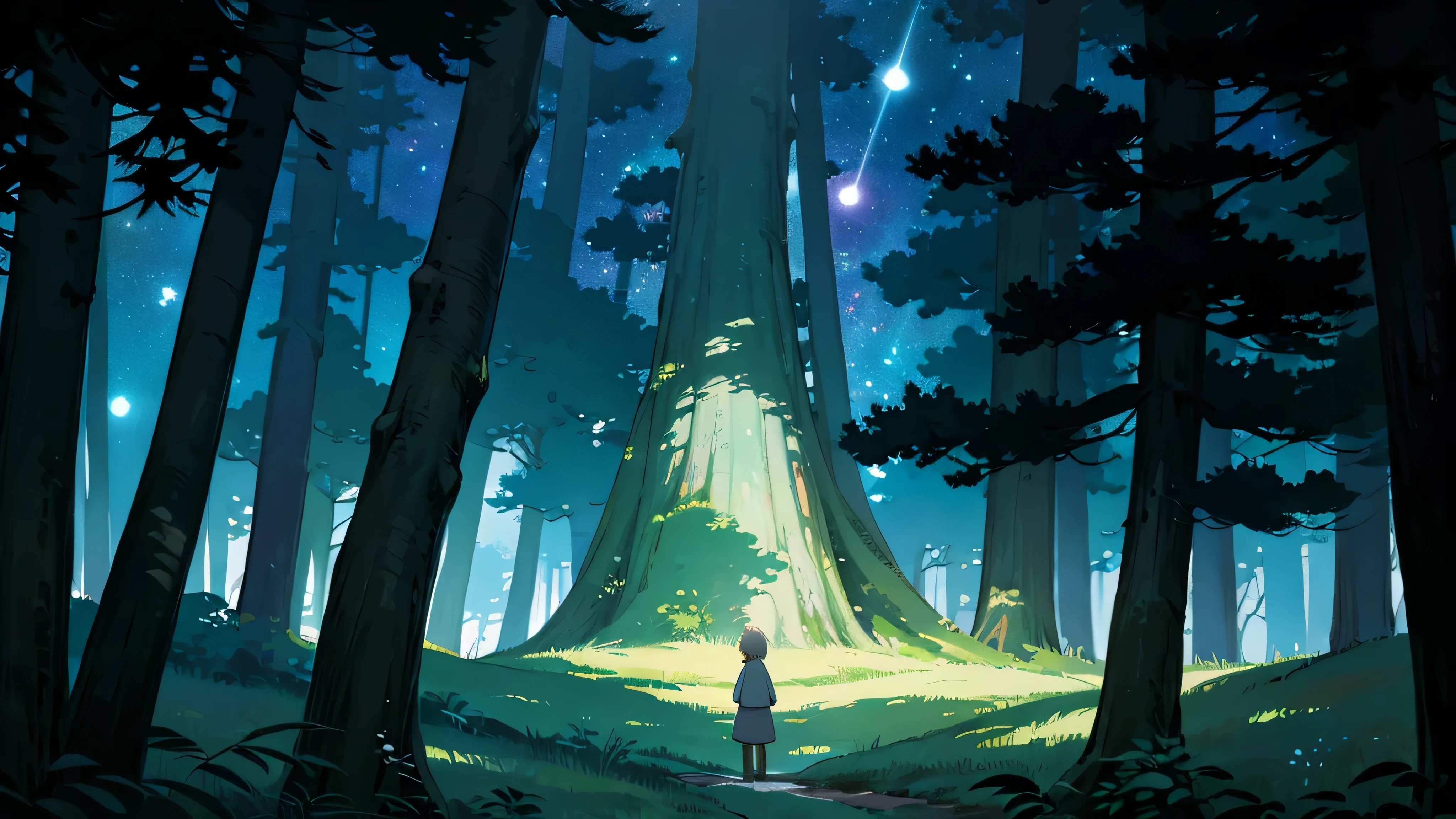 random ghibli world mythical paradox wormhole colors universe forest trees divine light black mythical starry stars night