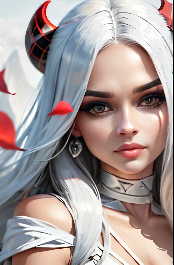 uma linda mulher , cores suaves, beldade, espetacular, olhos detalhados, boca vermelha e carnuda, cristais saindo da pele, cabelos altura dos ombro, decote, elegante, white fog, textura, sensual, bochecha rosada, red petals flying, natural neck, poses variadas, white hair like a veil, cristais, testuda realista com poros de pele natural, 8K image quality. curva de sombra ::+20, brilho ::-30, cores vibrantes,
cam Sony R7 lente laica 24mm. estilo fantasia