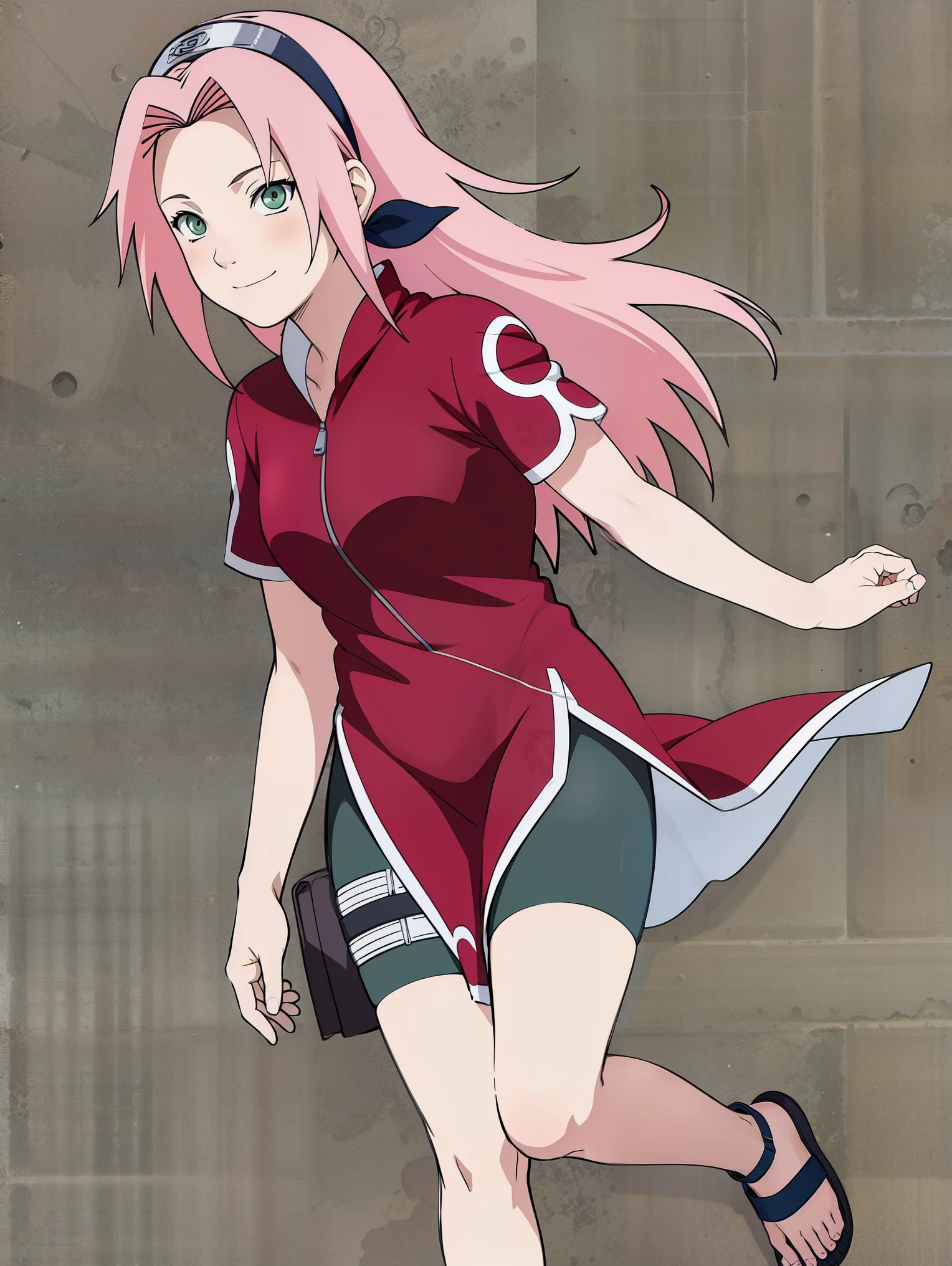 masterpiece, best quality, 1girl,haruno sakura, pink hair, long hair, green eyes, black short , short sleeves, full body, looking at viewer, sketch, smile, solo,Sakura wears a red qipao dress — at various times either with or without short sleeves — with slits along the sides accompanied by a zipper and white circular designs. She also wears tight dark green bike shorts with a shuriken holster around her right thigh, blue sandals, and the standard Konoha forehead protector worn as a hairband. Colour illustration