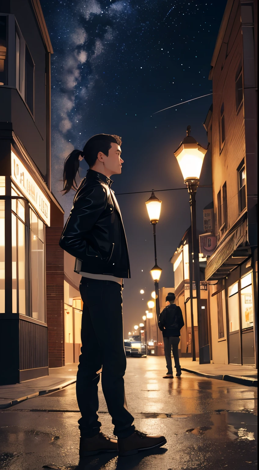 a man stands under a street lamp, 25 years, night, the lantern is on, man looking at the stars, pose with head thrown back, clothing leather jacket, side view, dark hair tied in a low ponytail, cinematic quality, Best quality, masterpiece