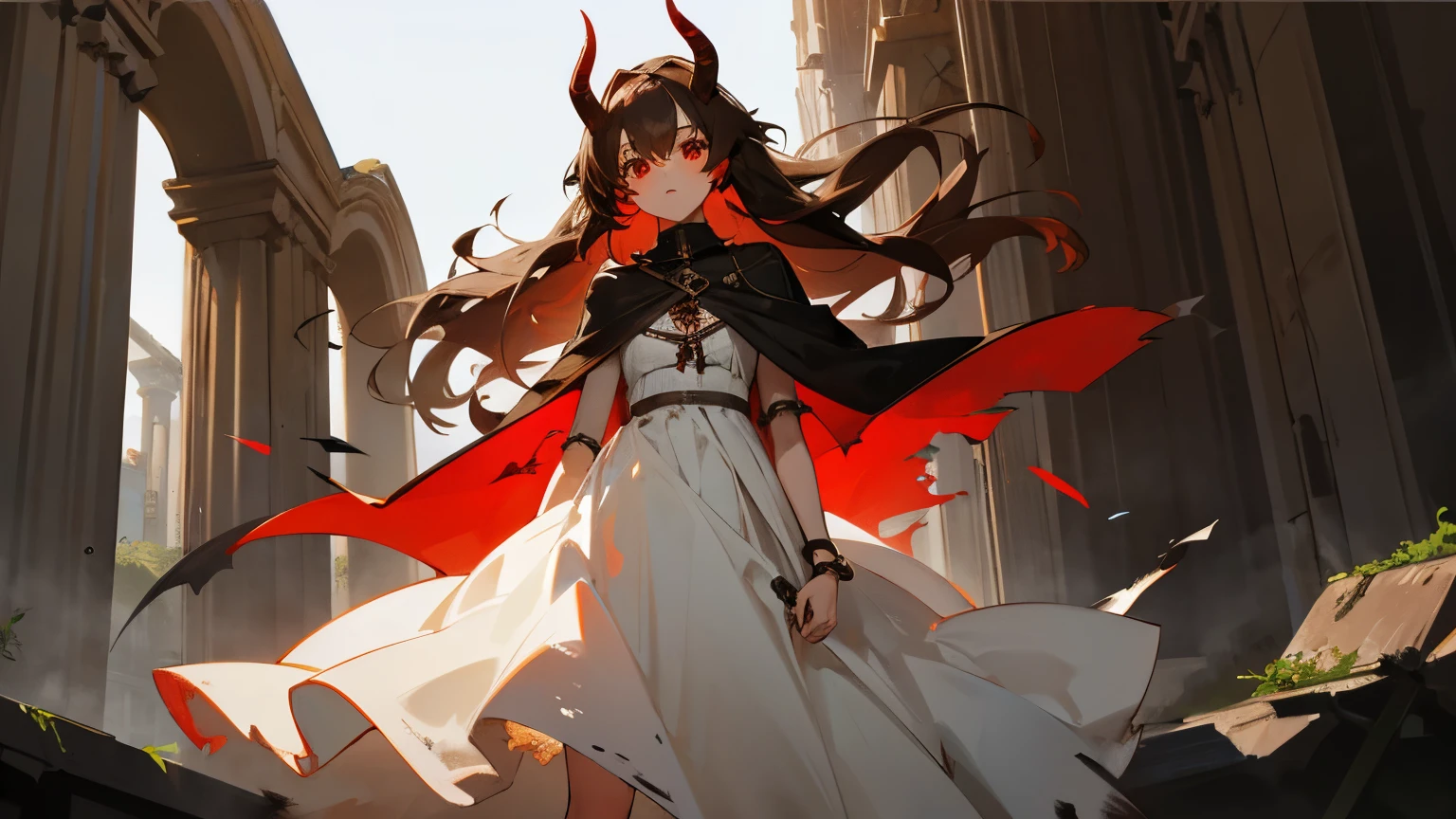 1 girl, 19 years old, tall, long brown hair, red eyes, black straight horns, white dress, black cape, old torn clothes, ancient ruins, chest