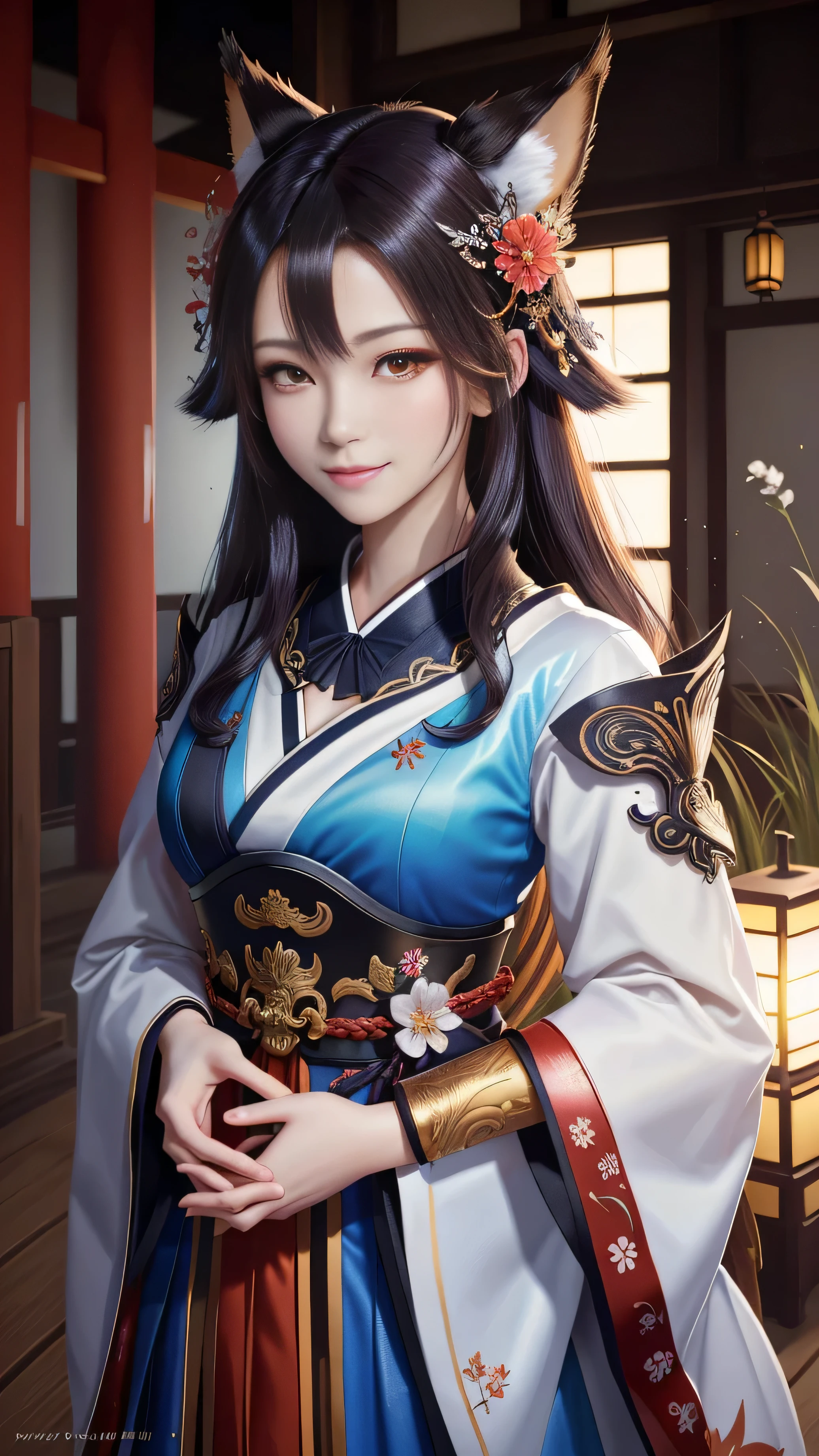 masterpiece , highest quality,close up of face,smile,colorful hair,Sharp contrast,whole body,Only one person,precision quality,beautiful short hair, masterpiece, japanese architectureの背景,beautiful details, colorful, delicate details, delicate lips, intricate details, genuine, ultrargenuineista, 枝に座っている色とりどりの髪のFoxを持つ女の子:mature, bright eyes, ,色とりどりのFox, Raposa the Nine Tails, 三尾Fox, 三尾Fox, Onmyoji detailed art, beautiful fine art illustration, mythical creatures, Fox, beautiful digital art,shrine maiden,japanese architecture,Holding hands,exquisite digital illustration, mizutsune, Inspired by mythical wild nest creatures, pixiv in digital art, dazzling light, high contrast, Mysterious,