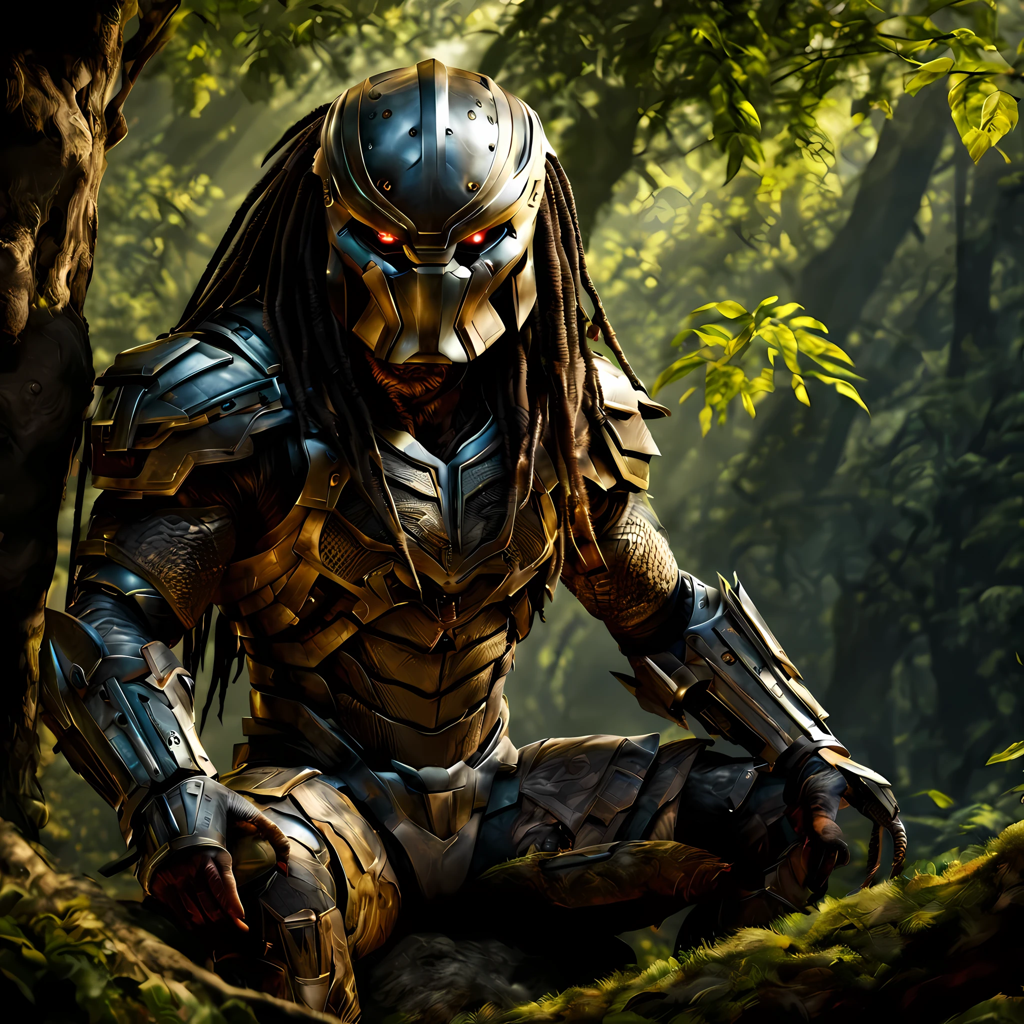 (masterpiece, best quality:1.5), Predator sitting in a tree waiting for its next unsuspecting victim, 8k resolution, dappled lighting, cinematic quality painting