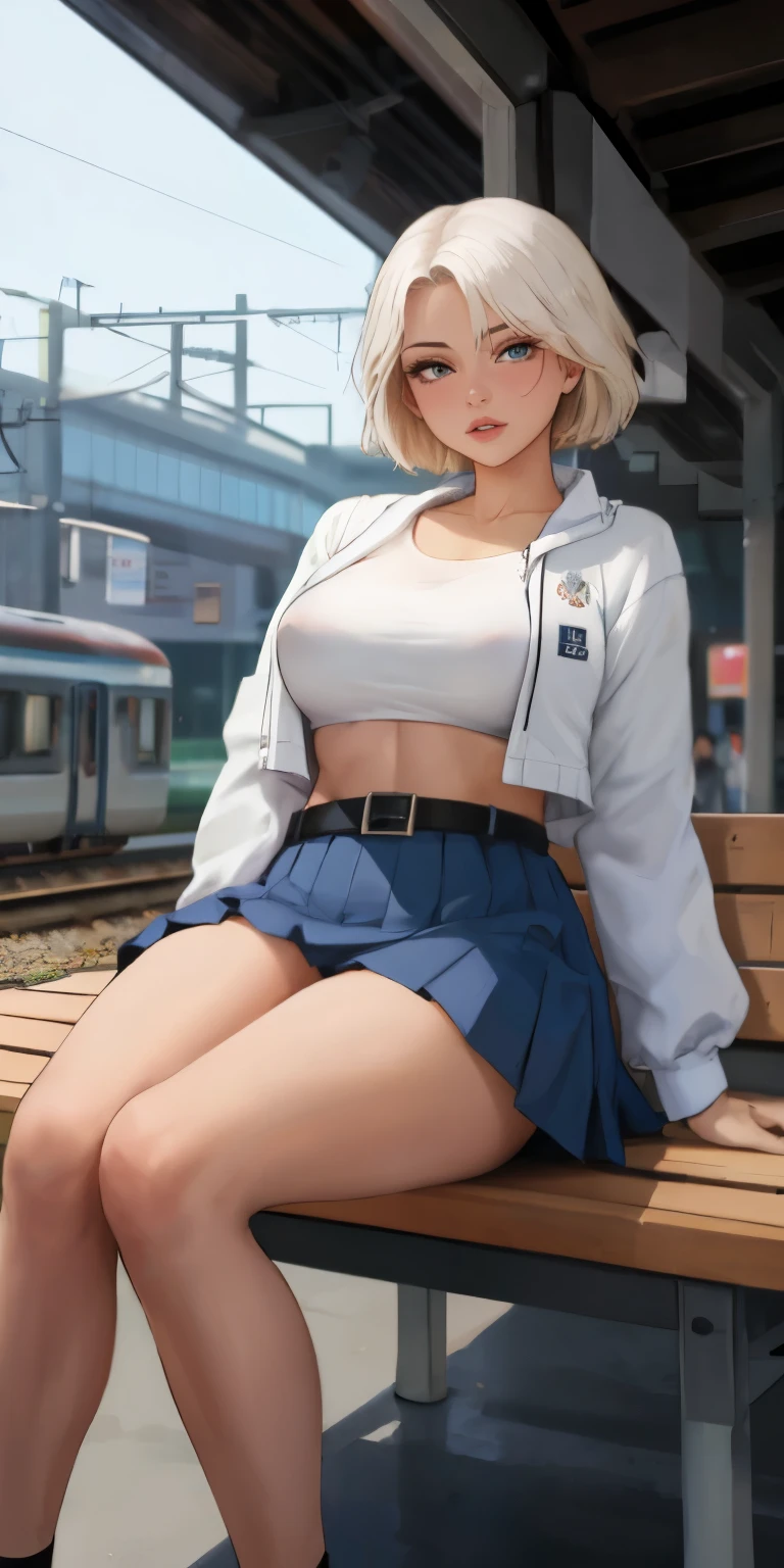 (masterpiece, best quality, ultra detailed, absurdres)1.5, 1girl, (sexy, beautiful woman, perfect face, perfect eyes, perfect female body,e cup breasts),(early 30s woman)1.5,wolf cut, white hair, lips, short hair, belt, brown belt, brown pantyhose, crop top, crop top overhang,white jacket, , pantyhose, pleated skirt, shirt tucked in, skirt, blue skirt, white crop top, loafers, ), (sitting, bench, train station, Japanese city in background, shopping bag), perfect lighting, smooth, hdr