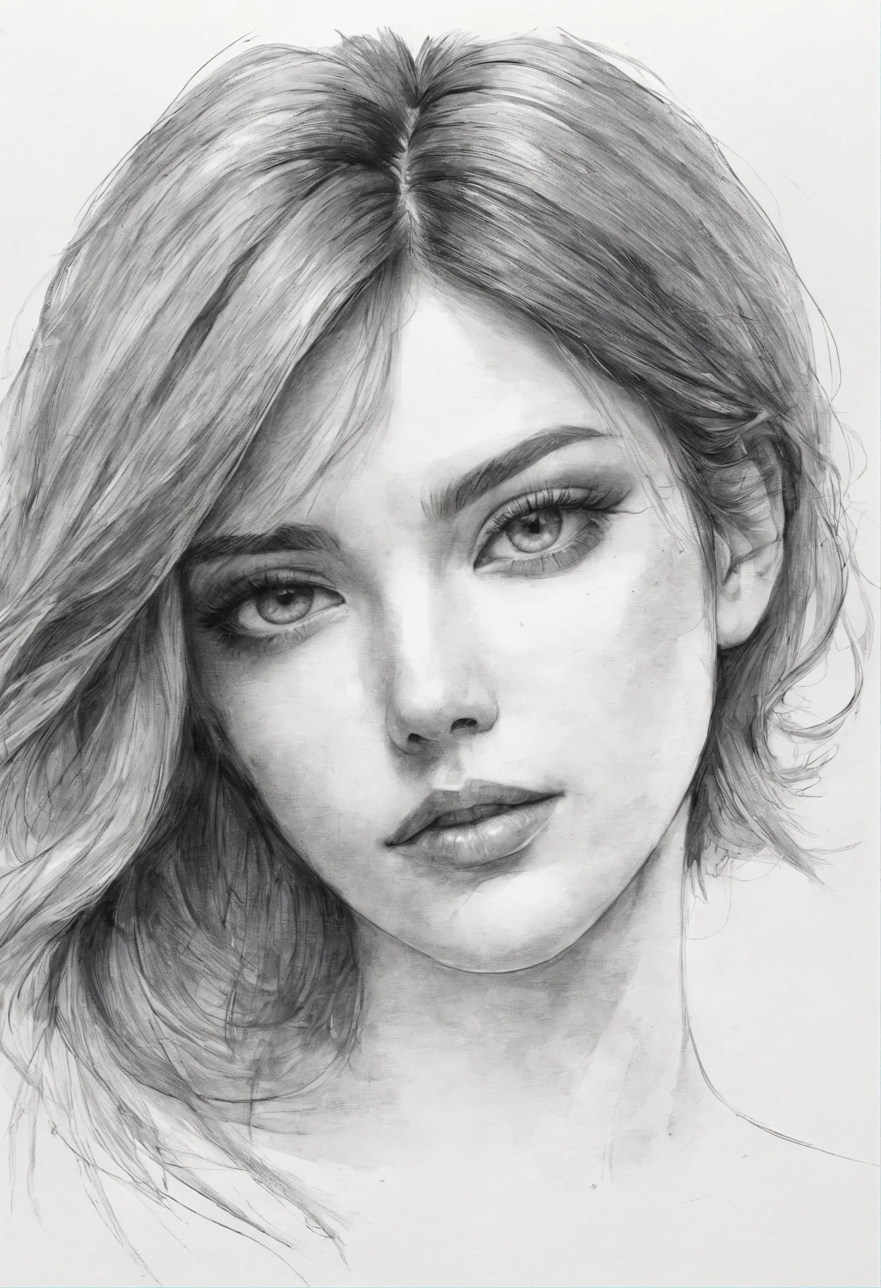 Portrait of a beautiful woman, summer dress, defined black lines, 1 girl, Alone, water, girl hugging tulips, simple background, white background, Monochrome, line art, ((sketch)),((high quality, masterpiece: 1.4)), 1 girl, ((upper body)), portrait sketch, messy drawing, dirty charcoal stains, unfinished sketch, charcoal style drawing of a woman, sketchbook drawing, sketchbook, beautiful hair, medium short hair, Beautiful face, symmetrical face, symmetrical eyes, ((Paper material background)), realistic charcoal lines, imperfect drawing, charcoal crumbs, charcoal lines, Imperfection, fading sketch, sQueratgray sketch (mix-eddiemauro)