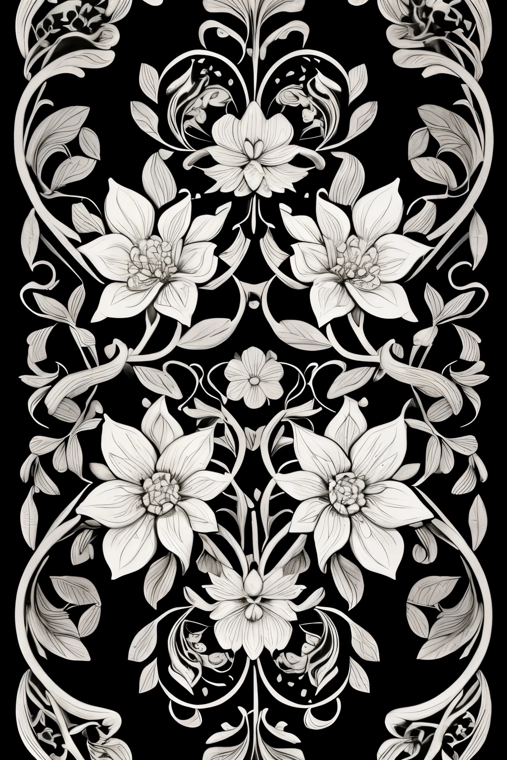 A captivating black and white drawing of intricately patterned flowers, inspired by the elegant arts of Hokusai and Matsumoto, showcasing delicate petals and vibrant veins in precise detail. The pattern plays with negative space, inviting the viewer to explore the intricacy and depth of each bloom. Seamless shading adds dimension and texture to the artwork, creating a harmonious balance between detail and simplicity. A timeless piece, this drawing is a testament to the beauty found in the intersection of nature and art, best viewed on high-resolution platforms such as ArtStation, DeviantArt, Dribble, Redbubble, and Teepublic. --auto