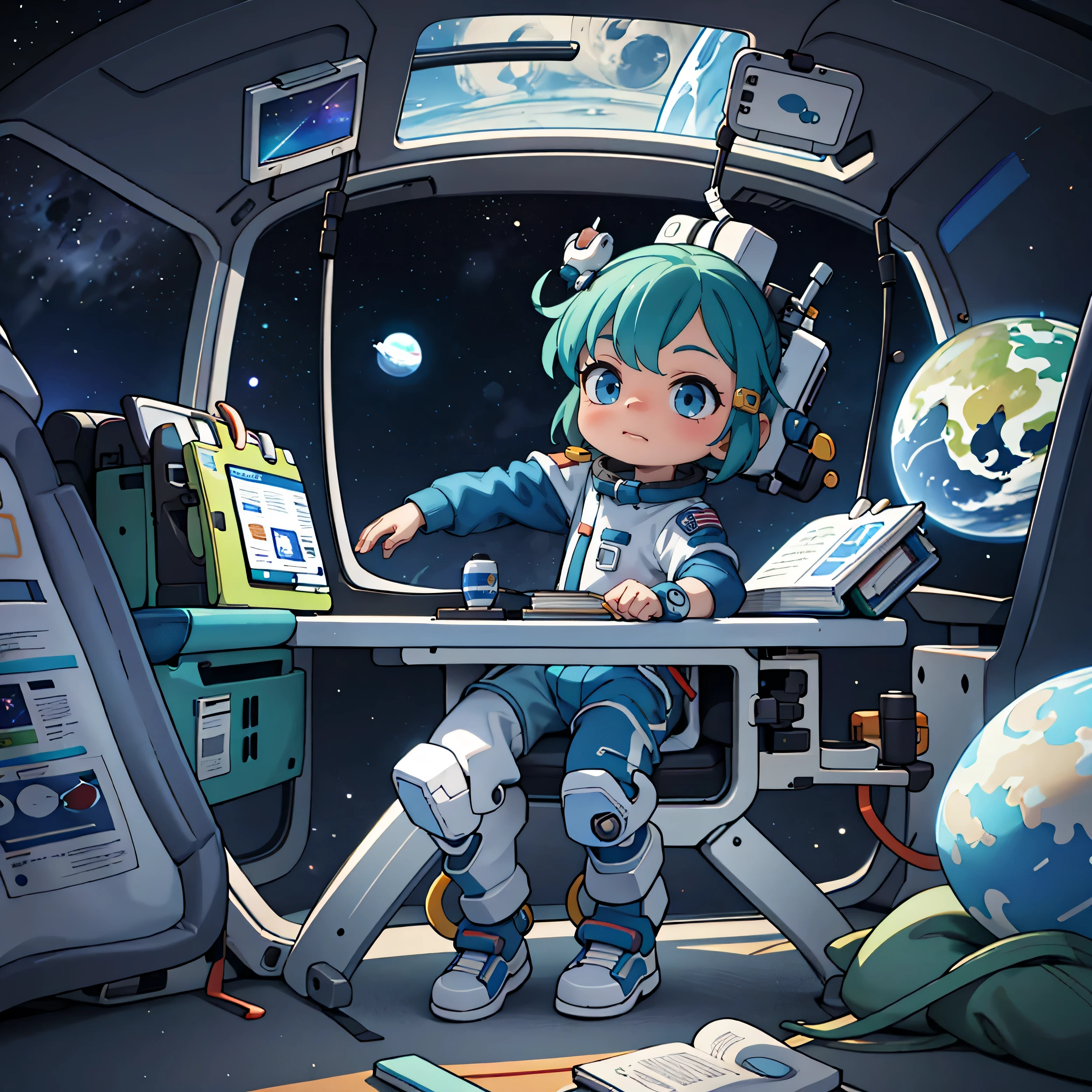 The spacious interior of the space station&#39;s control room offers a captivating view, while a  boy stands in front of the center console, with math books in hand. The boy browses the books with interest, while the silence and tranquility of the space environment contrast nicely with the exciting world of mathematics. The camera captures the scene from afar, showing the wonderful earthly view through the windows, where the blues and greens of Earth contrast stunningly with the black infinity of space. The boy&#39;s elongated shadow is projected onto the surface of the space station, while looking at the distant planet in wonder and reverie, maybe dreaming about it, that one day he too can take part in space research and exploration.