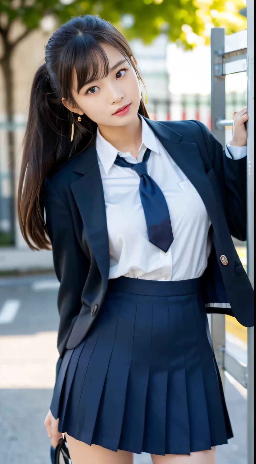 mix 4, (16K, Raw photo, best image quality, masterpiece: 1.45), (realistic, Photoreal: 1.37), one girl, cute, cityscape,, professional lighting, photon mapping, school classroom, Physically based rendering, dark brown hair,ponytail hairstyle, Beautiful well-groomed eyes、((double eyelid))、super cute girl, (((school uniform、blazer、Long-sleeved shirts worn by Japanese high school girls、ribbon tie、navy blue mini skirt,、dark blue socks、black loafers))), highest quality photos, High resolution, 1080P, (clear face), (Detailed facial description), (detailed description of hands), (masterpiece), (Detailed CG)、extreme light and shadow、messy hair、master work、Rich details、(detailed facial features)、(highest quality photos)、(Masseter muscle part)、(detailed eye)、look in front of you、thin clavicle、((slender and big))、(((Japan wears long-sleeved shirts)))、((neat idol))、((school gate、schoolyard、School building in the background))、(Take photos from random viewpoints)、(((Anyway it's cute)))、Ear Nipple Ring、big smile、Draw the whole body from the knees、Do not draw fine lines、(((Sports bags used by Japan schoolgirls)))、(Big breasts that hang down big:1.2)、big firm butt、Two arms and two legs、(((from the front:0.7)))、bare hands、(((symmetrical eyes)))、standing pose、put your hands on the desk、Do not remove the tie from the jacket、raise your butt、cocked ass、