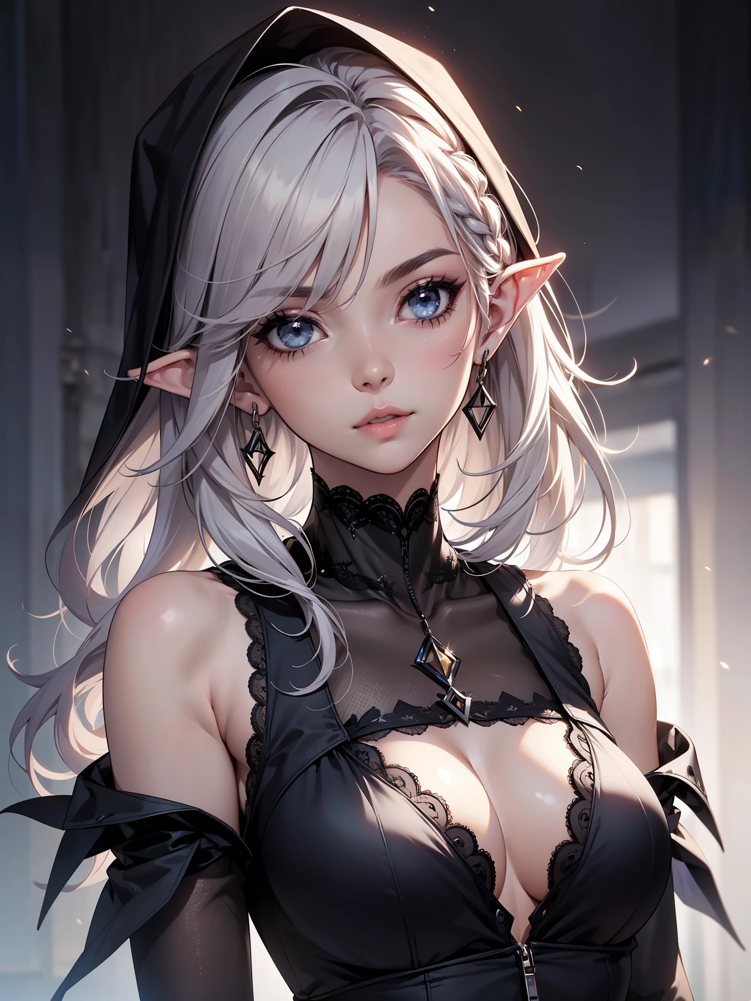 White elf girl, very long flowing hair, white eye color, small eyes, realistic human eye shape, round eye shape, eyeliner, realistic face shape. black lace low cut shirt, portrait, wearing a black hood, black background, chest showing, NSFW, Depth of Field. looking at camera, dreamy look detailed eyes, detailed face, detailed skin, Ultra Detailed, Beautiful and Aesthetic, Masterpiece, Best Quality, shoulders showing. lace fabric, round chin shape. wearing black hood over hair. showing full upper body and face. wearing a black hood. hips showing