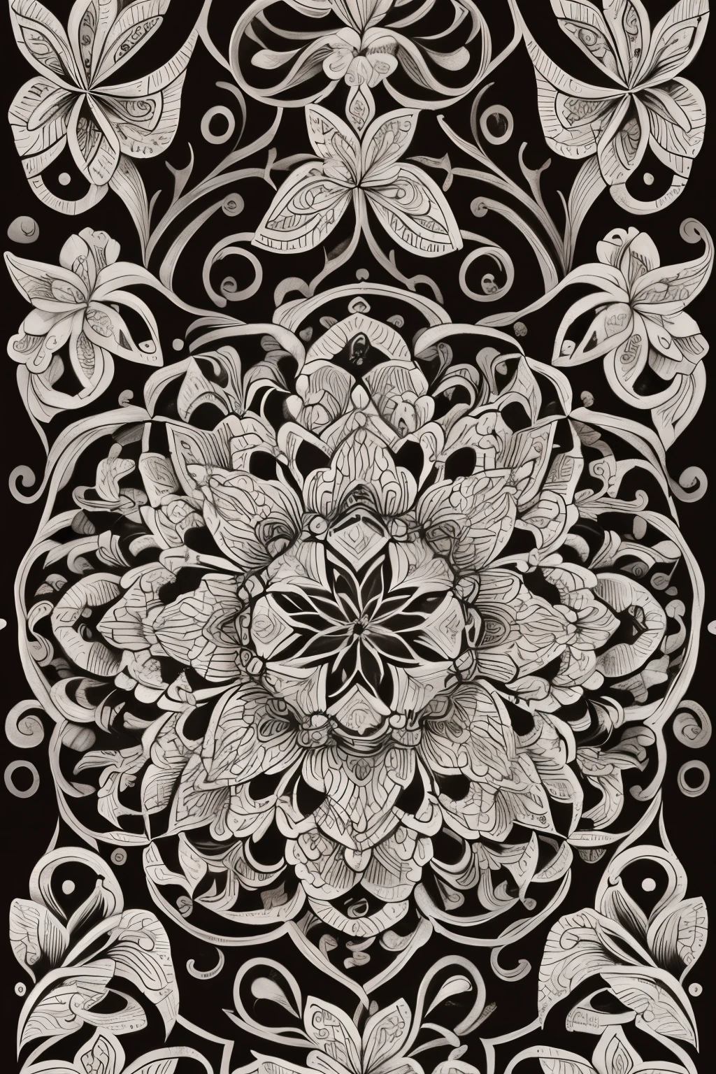 A captivating black and white drawing of intricately patterned flowers, inspired by the elegant arts of Hokusai and Matsumoto, showcasing delicate petals and vibrant veins in precise detail. The pattern plays with negative space, inviting the viewer to explore the intricacy and depth of each bloom. Seamless shading adds dimension and texture to the artwork, creating a harmonious balance between detail and simplicity. A timeless piece, this drawing is a testament to the beauty found in the intersection of nature and art, best viewed on high-resolution platforms such as ArtStation, DeviantArt, Dribble, Redbubble, and Teepublic. --auto