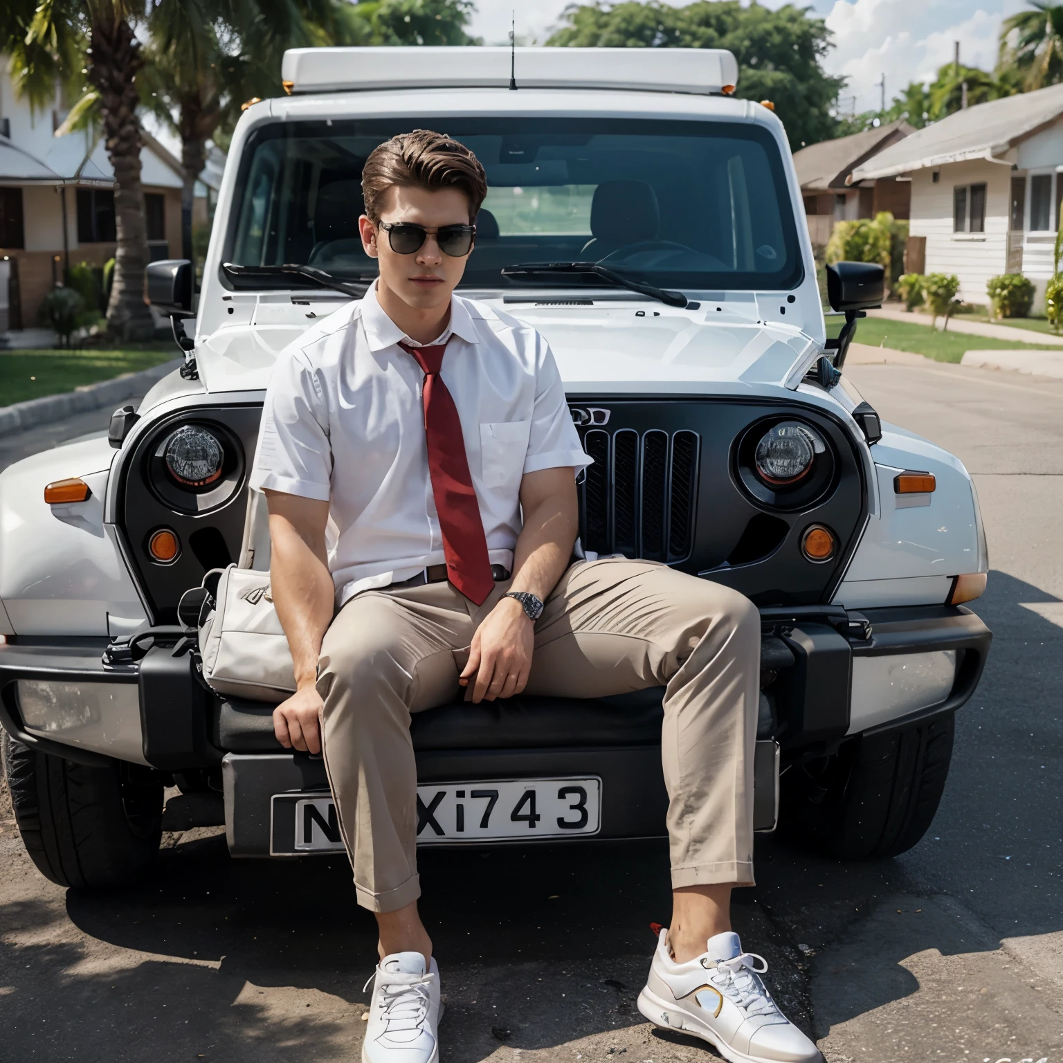 Create a 3D illustration featuring a handsome realistic 20 year-old beautiful young boy white iphone holding in hand on a Wingback chair, wearing sneakers, beautiful hair style, white and black dressing with red tie, and sunglasses, he looks ahead. The background AMG black Jeep, add my name on the number plates "ADD YOUR NAME". with two security guard in my background With security dressing, money bag is lying on the ground in front of me, A white and red bungalow behind the jeep