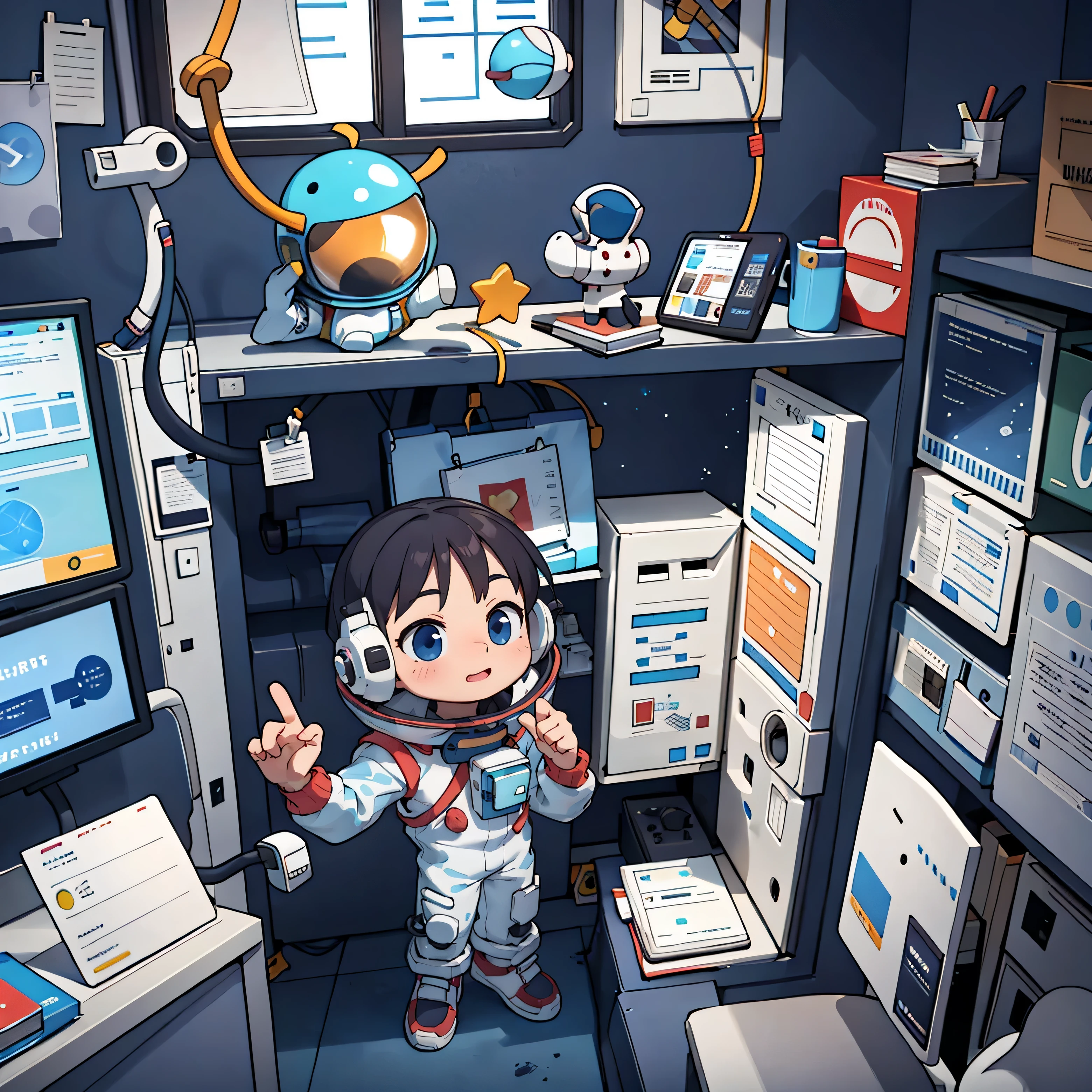 in the spacestation a 8years old buy wearing space suit, in his hand a book with matematial equations, he is in the controll room, throught the windows the ert is visible
