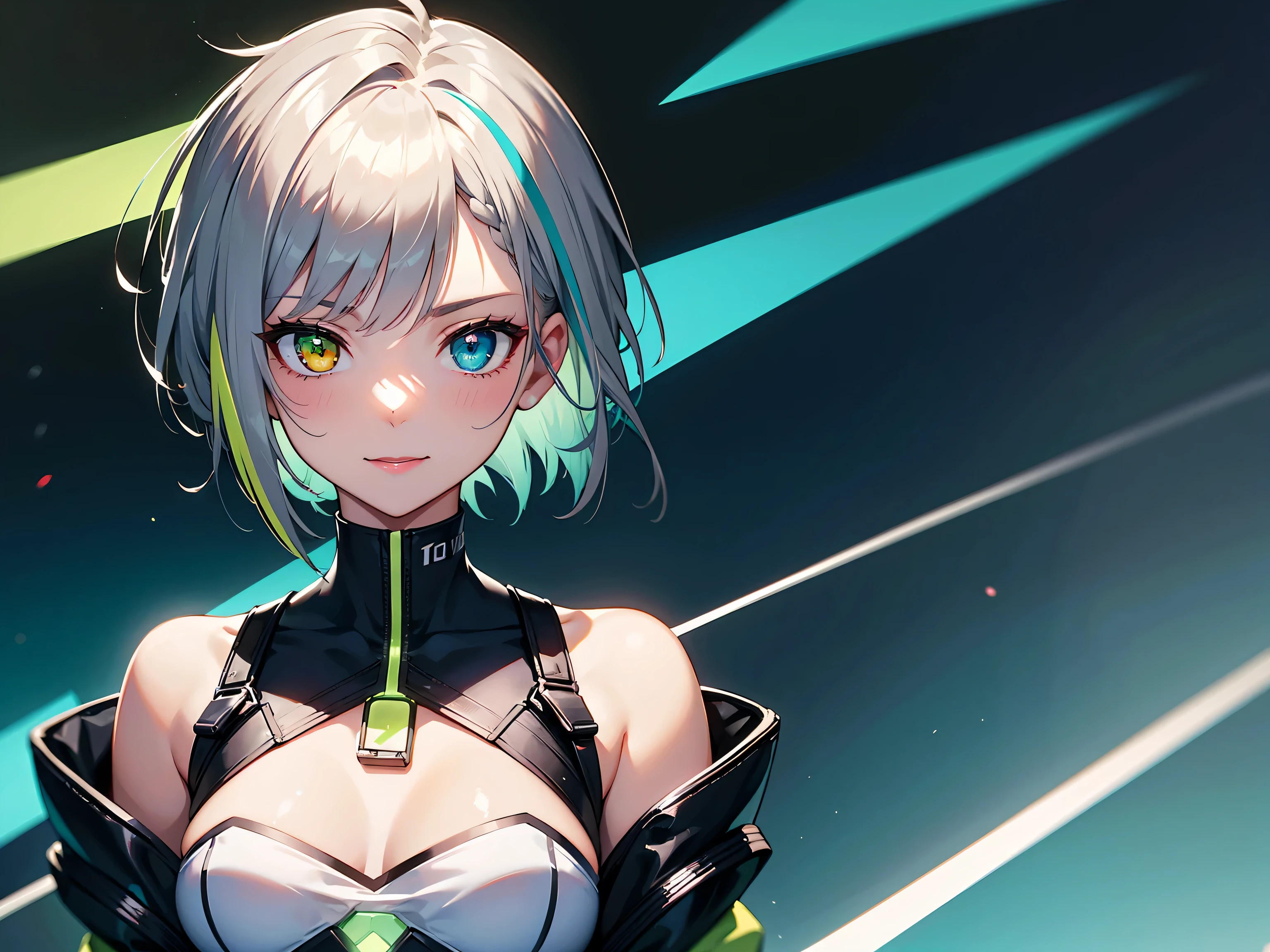 (((1 girl))), ((heterochromia, teal iris in left eye, green iris in right eye))), (((short silver hair, lime-green streaked hair))), happy smile, interacting with holographic computer interfaces, cyberpunk, masterpiece, anatomically correct, super detail, high details, high quality, award winning, best quality, highres, 8k